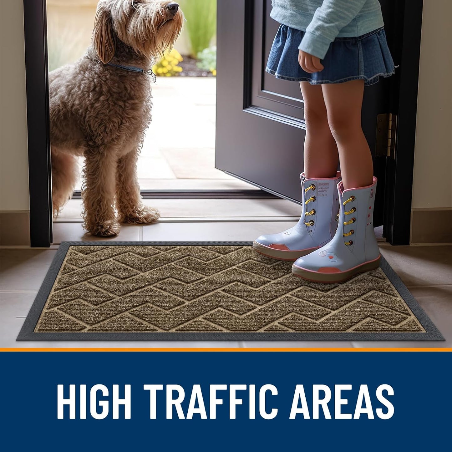 OLANLY Waterproof Front Door Mat - All-Season Herringbone Design | Sturdy Natural Rubber, Easy Clean (Brown, 71x23)
