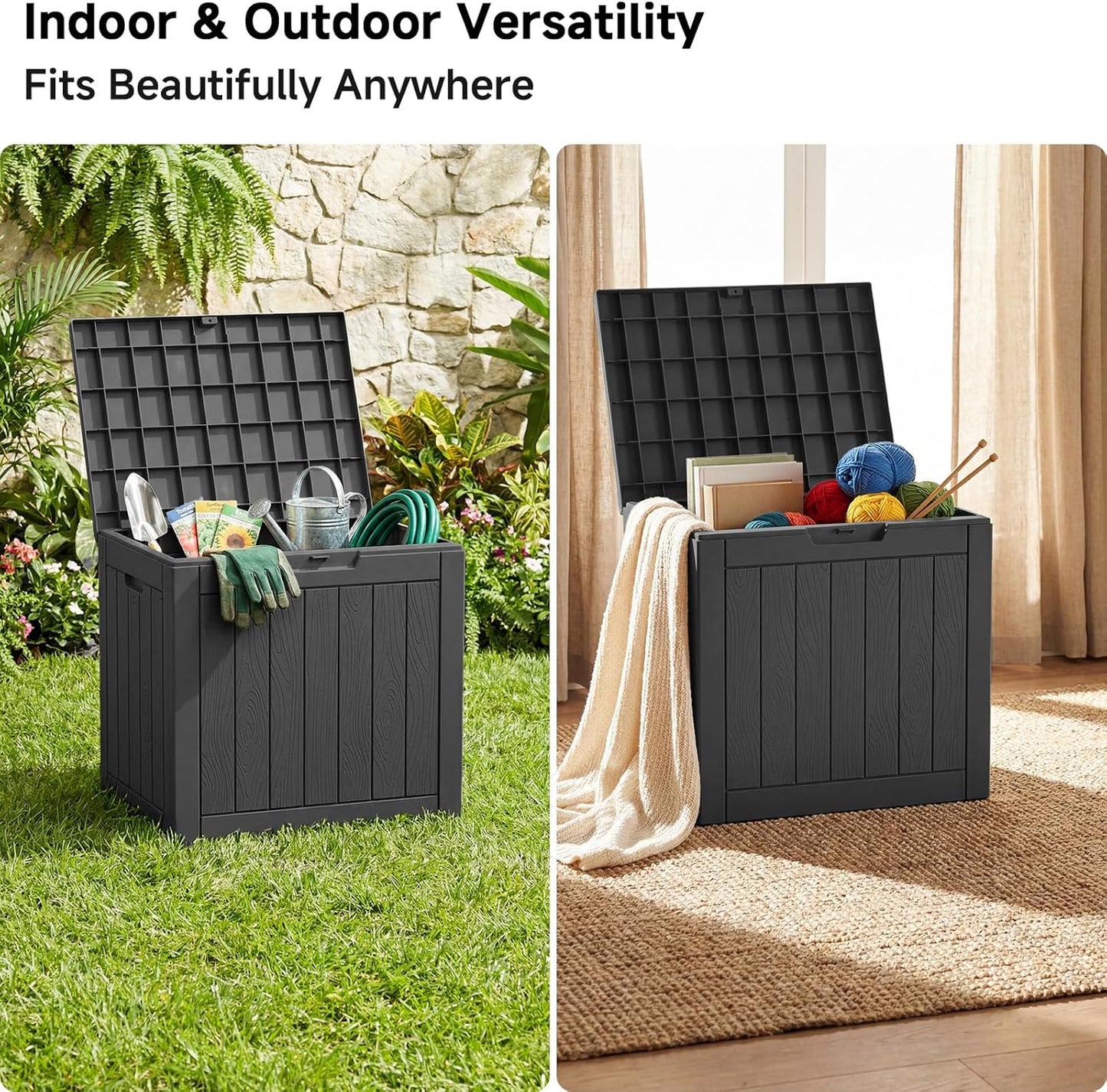 PatioZen 35 Gallon Waterproof Outdoor Deck Box - Lockable Resin Storage for Garden Tools & Cushions (Black)