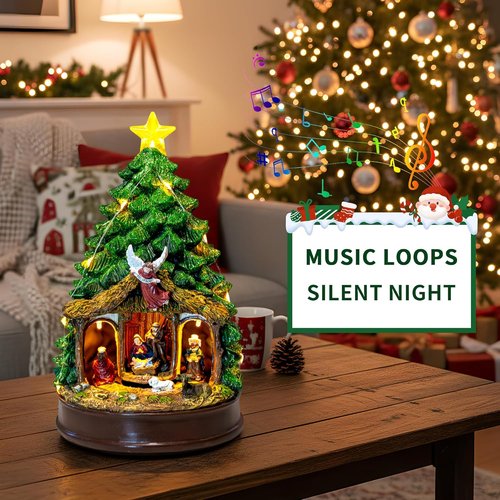 Candieslife Musical Christmas Tree - Rotating Nativity Scene with LED Star Light | Tabletop Holiday Decor