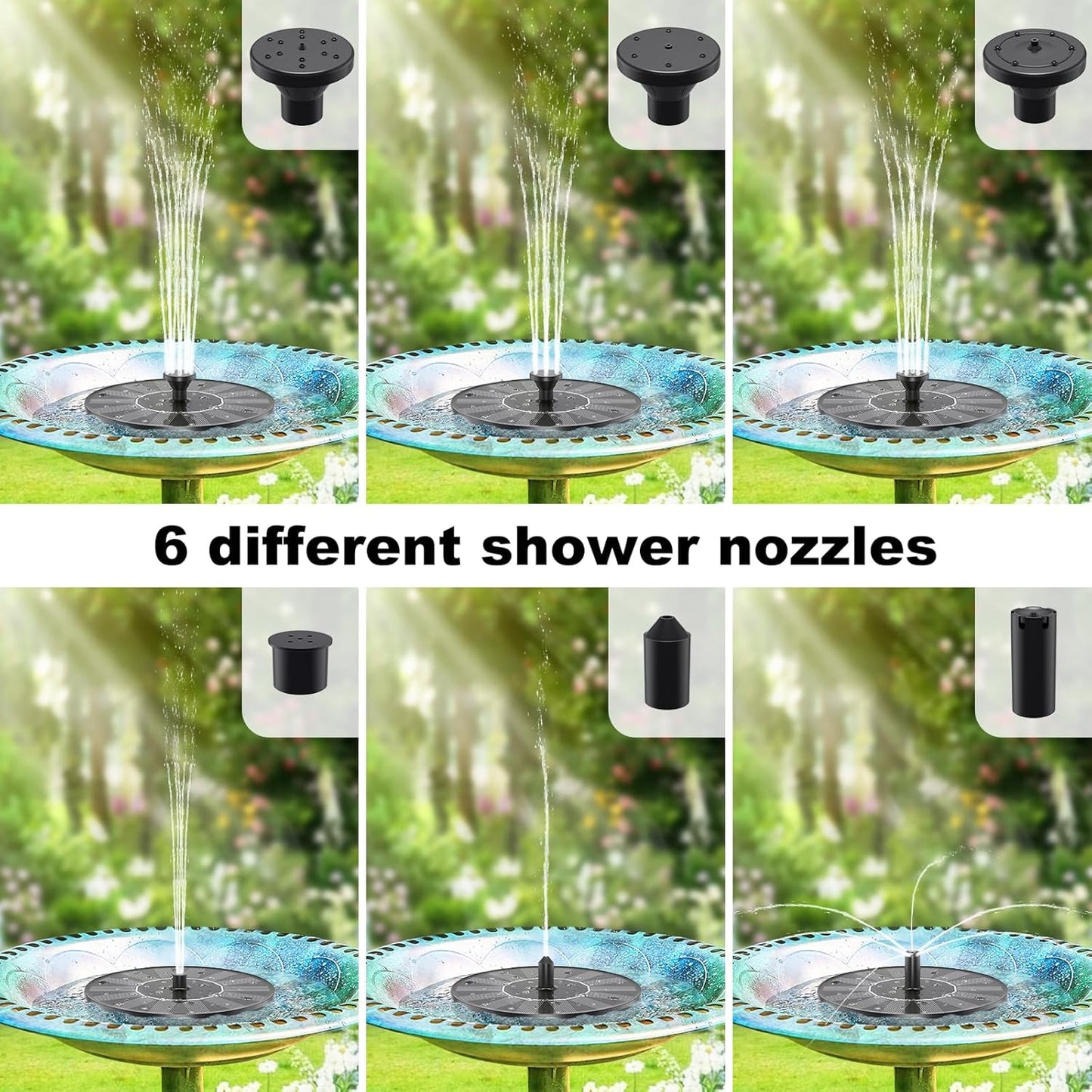 Priksia Solar Water Fountain - Solar Powered Bird Bath Fountain with 6 Nozzles | Black, 1.4W for Garden & Pond