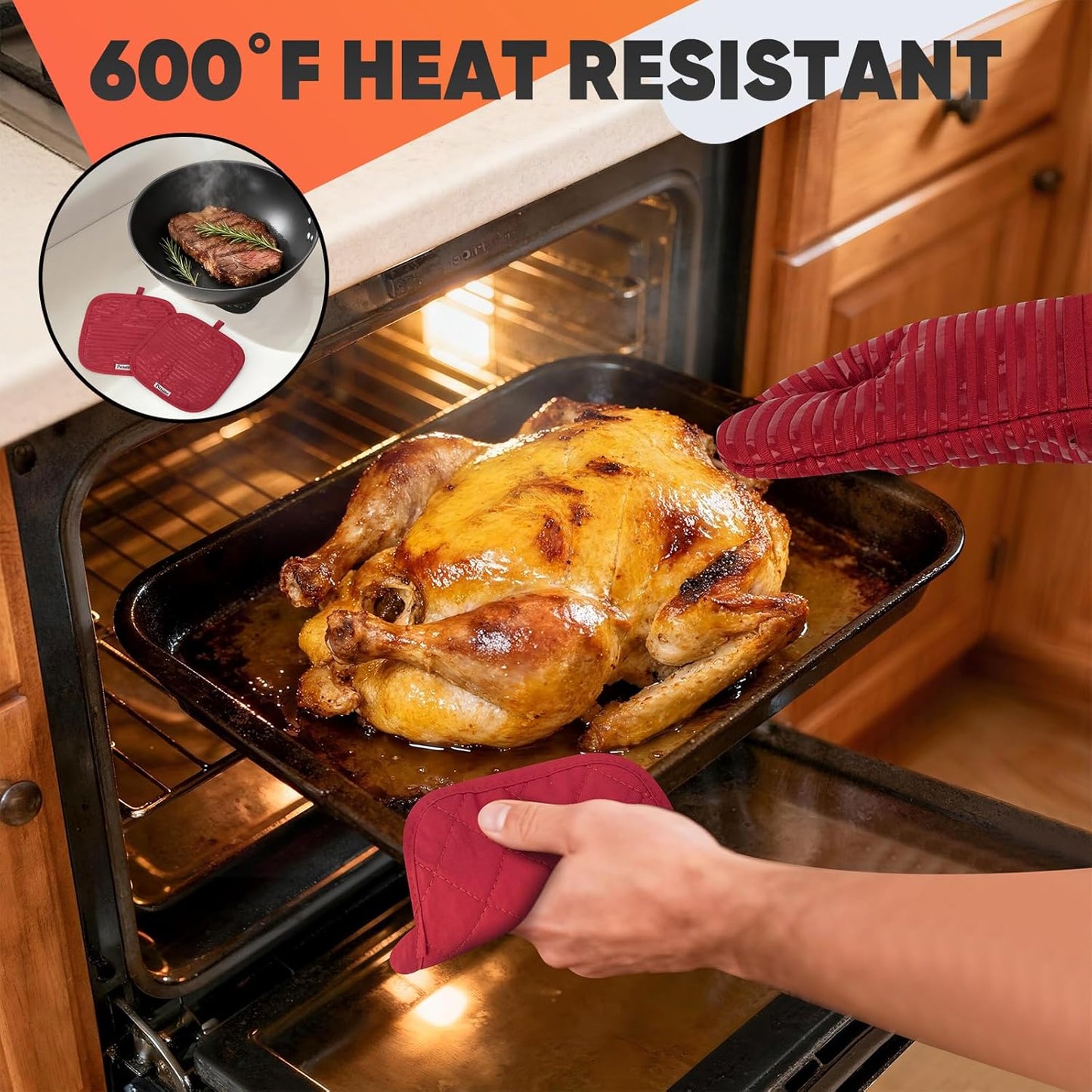 Skiennix Oven Mitts Set - 500°F Heat Resistant Gloves with Silicone Grip & Kitchen Towels | Red