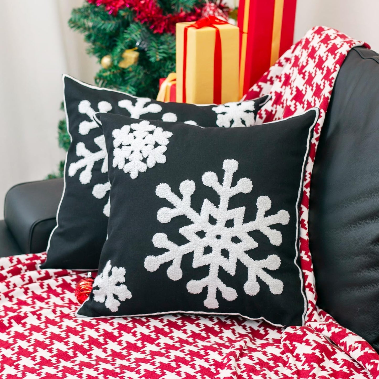 Christmas Snowflake Embroidered Throw Pillow Covers - 18x18 Cotton Linen, Set of 2