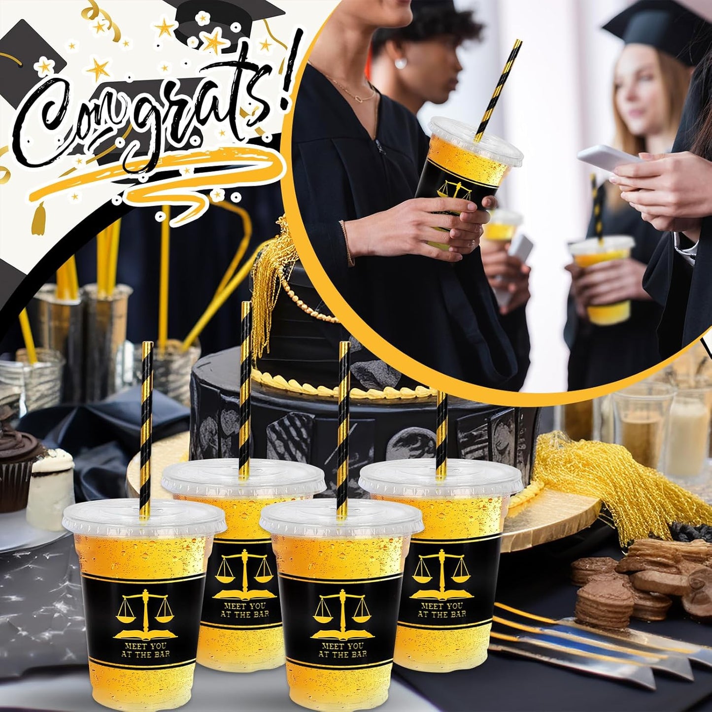 Whaline 50Pcs 12Oz Law School Graduation Cups - Disposable Plastic with Lids & Straws | Congrats Grad Party Supplies
