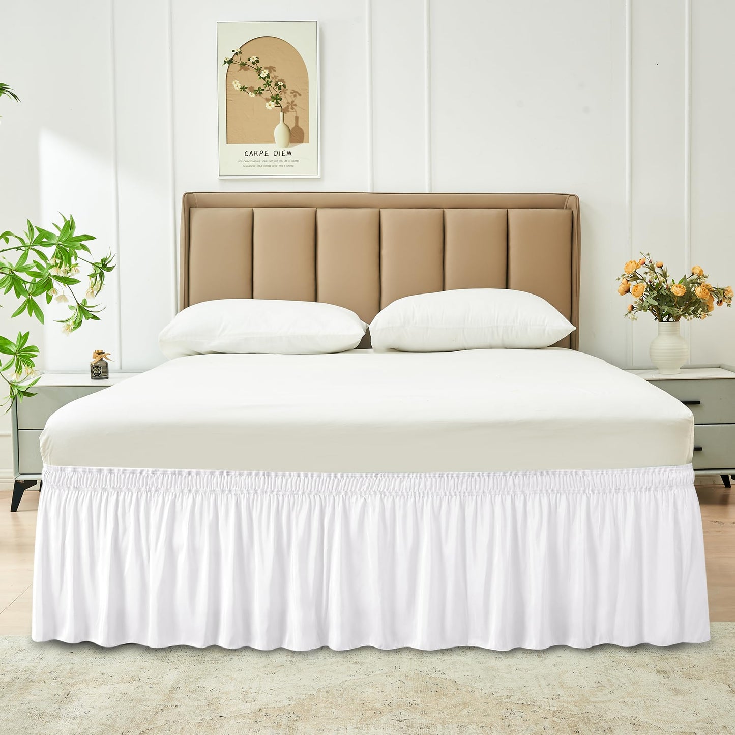Biscaynebay Wrap Around Bed Skirts for Queen Beds 15" Drop, White Adjustable Elastic Dust Ruffles Easy Fit Wrinkle & Fade Resistant Silky Luxurious Fabric Machine Washable