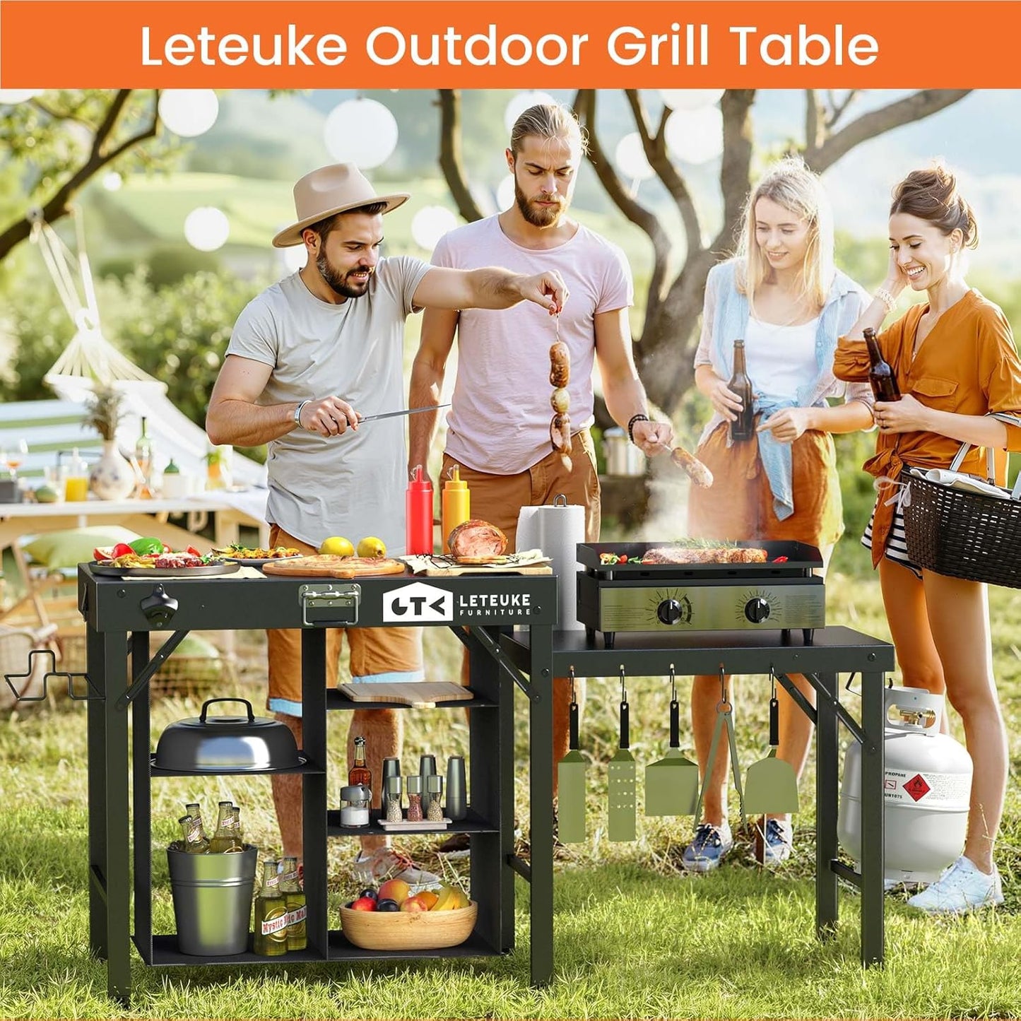 Leteuke Portable Grill Table - Foldable Design with Storage for Blackstone & Ninja Griddles | Perfect for Outdoor BBQs, Camping & Picnics