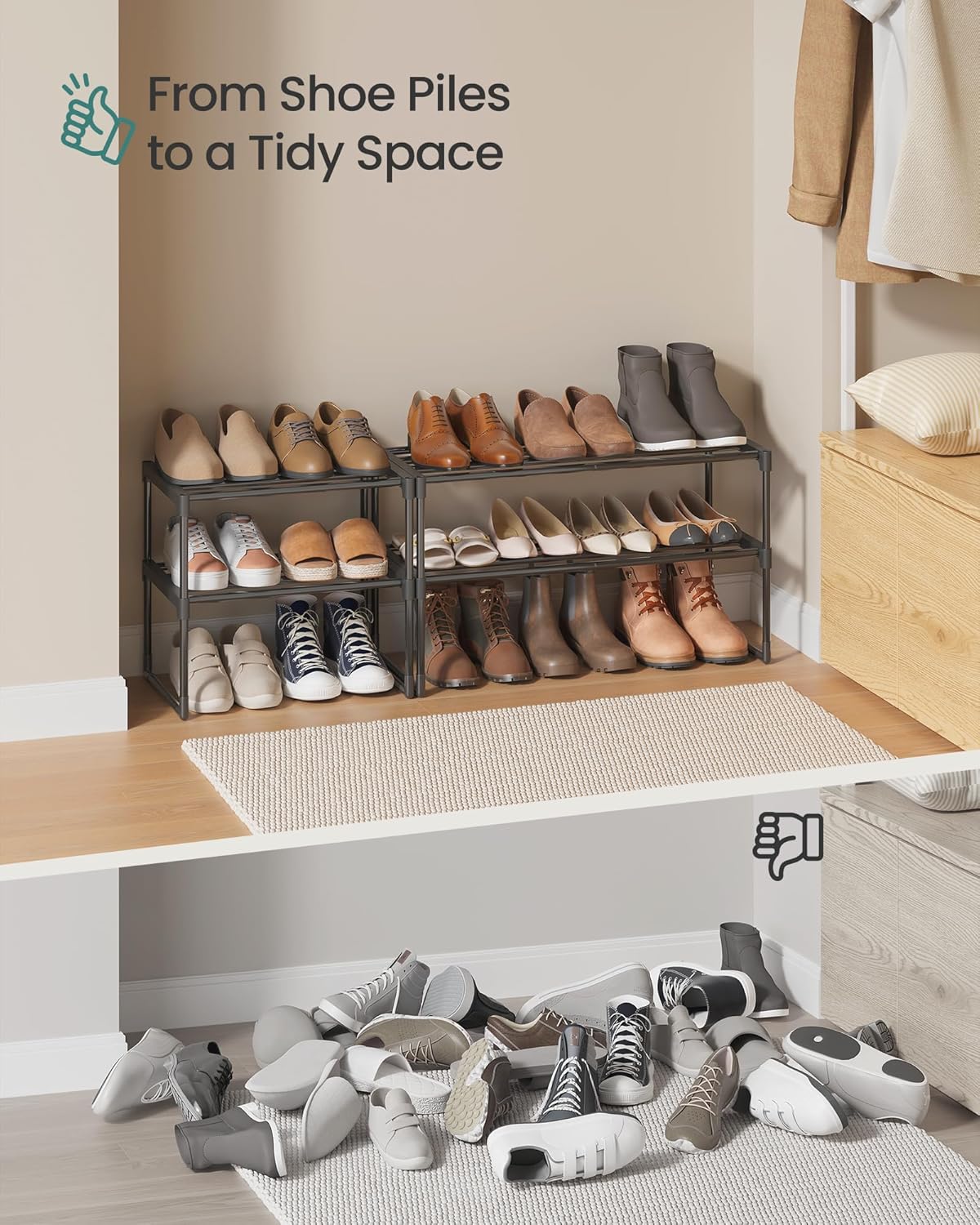 SONGMICS 2-Tier Shoe Rack - Stackable Metal Organizer for 3-6 Pairs - Black, 11.8 x 16.7 x 14.8 Inches