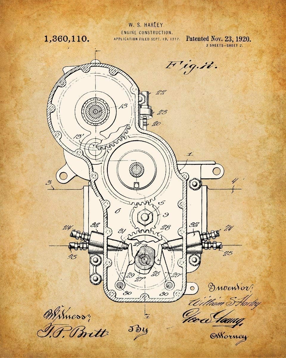 Harley Davidson Motorcycle Patent Wall Art Prints - Set of 4 Unframed 8x10 Posters for Home Decor & Gifts