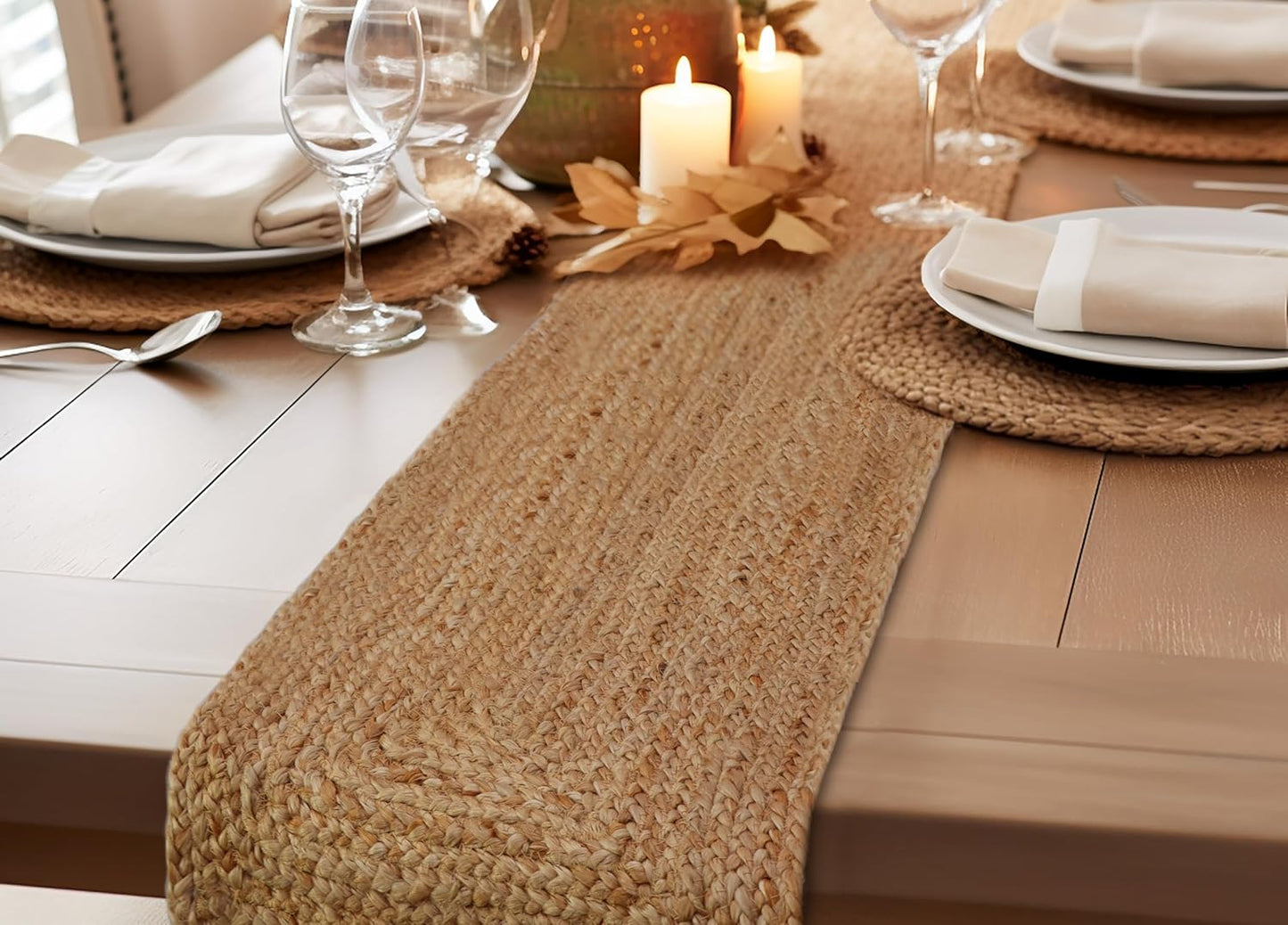 Jute Braided Table Runner - Rustic Farmhouse Style for Thanksgiving & Christmas - 13 x 36 inches