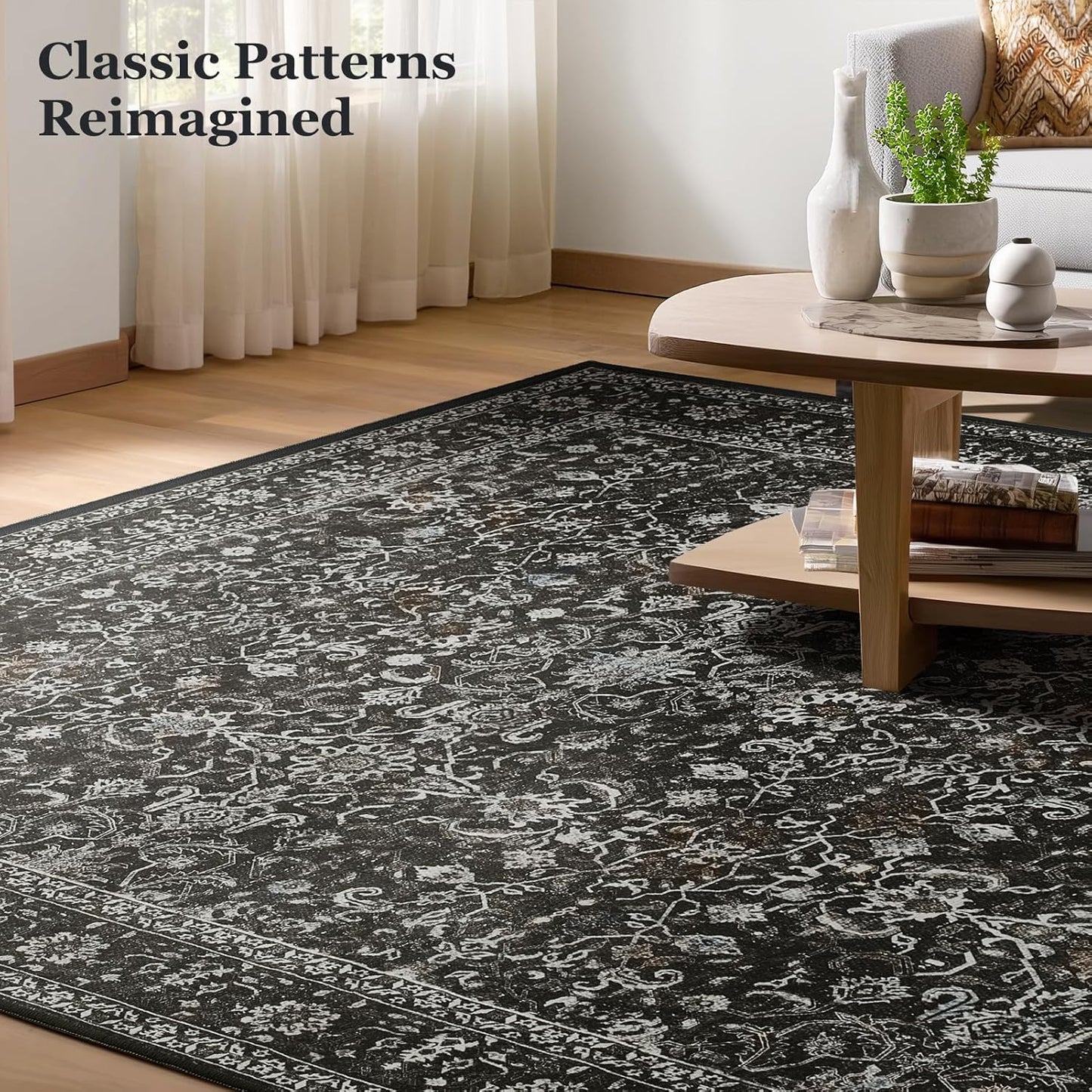 Skiennix 5x7 Area Rug - Vintage Farmhouse Design | Washable, Non-Slip, Soft Carpet in Earth Tones