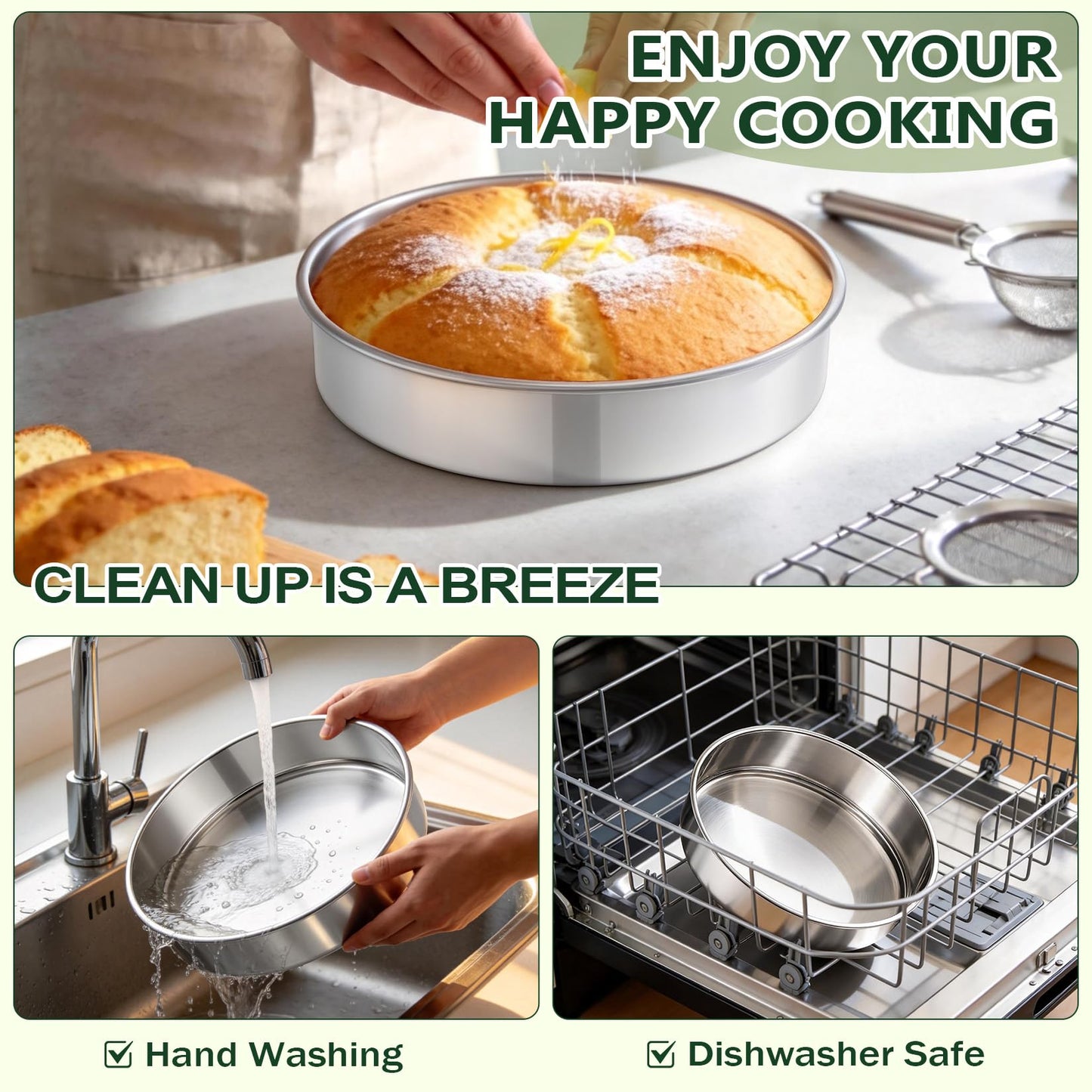 P&P CHEF 9 Inch Cake Pan Set of 3, 3 Pieces Round Layer Cake Baking Pans, Stainless Steel Smash Cake Tin Bakeware for Cooking Steaming, Nontoxic & Sturdy, Oven & Dishwasher Safe