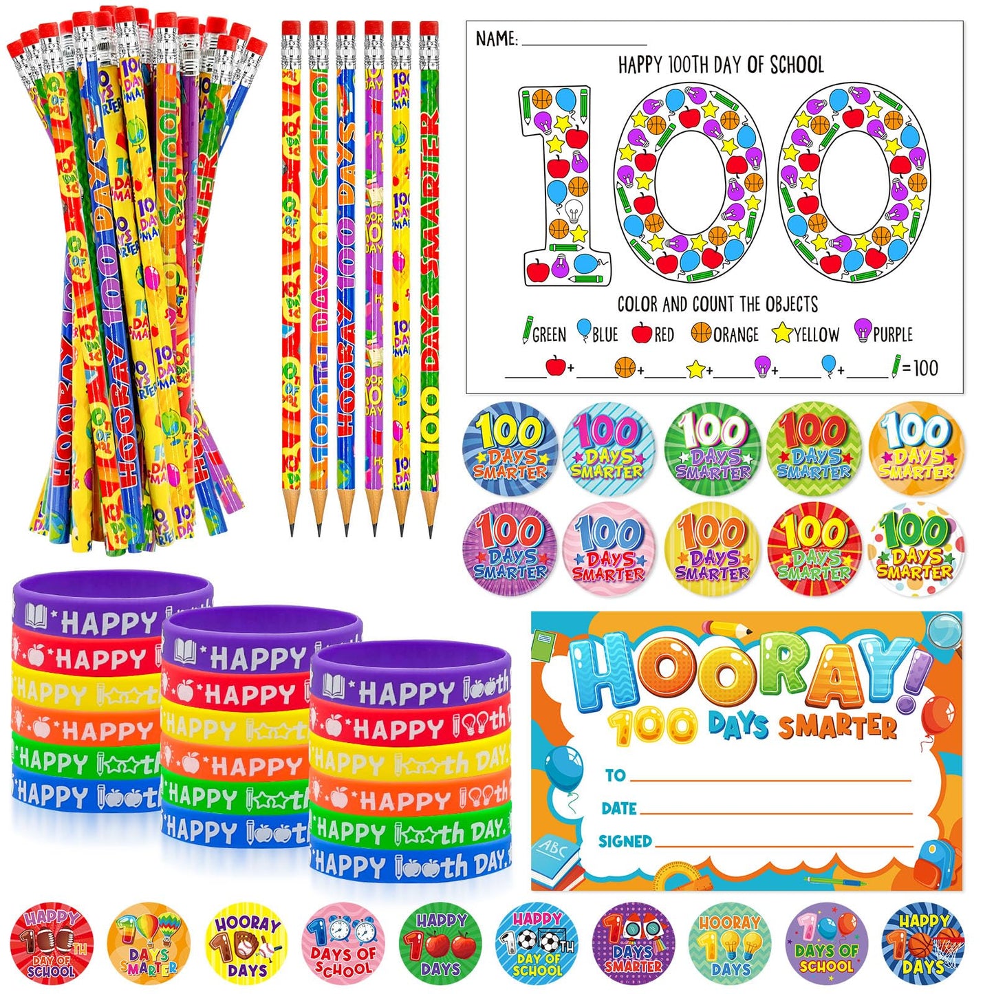 180 Pcs 100 Days of School Awards Set,Happy 100th Day Certificate of Award Rubber Bracelets Wristbands Coloring Posters Pencils 100 Days Smarter Badges Pins Stickers for School Party Gift Favors
