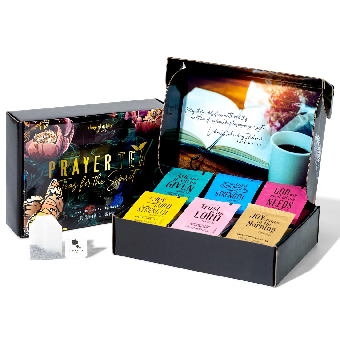 Thoughtfully, Tea Affirmations Christian Prayer Gift Set for Women, Religious Tea Gift with 6 Flavors and Bible Verses from Psalms and Other Books to Rejoice, Mother's Day Pack of 90