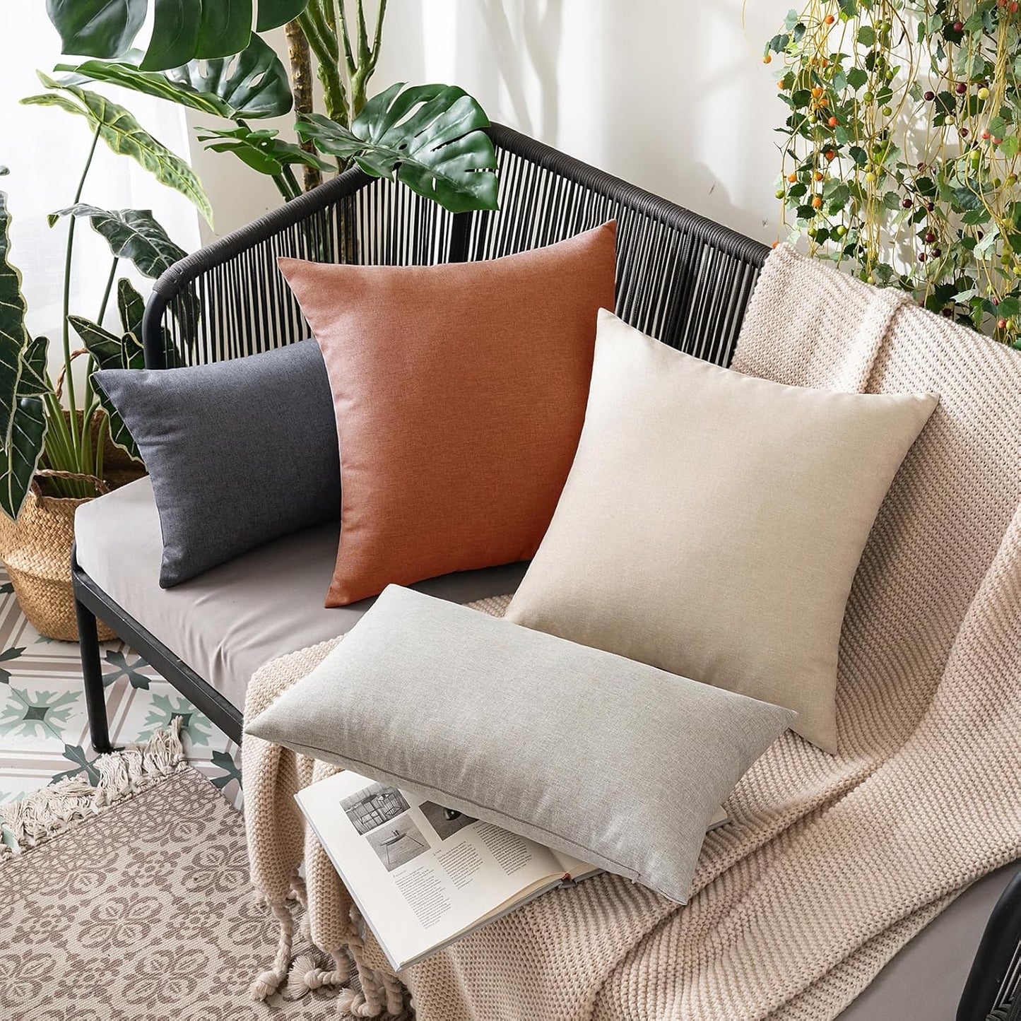 MIULEE Decorative Outdoor Throw Pillow Covers - Waterproof Faux Linen Cushion Cases | 20x12 Inch Rust (Pack of 2)