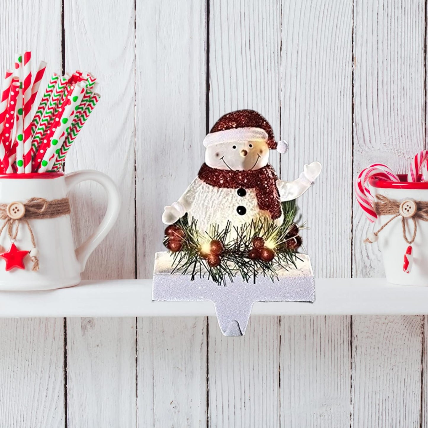 LED Snowman Stocking Holder - 7 Inch Tall Christmas Decor for Mantel