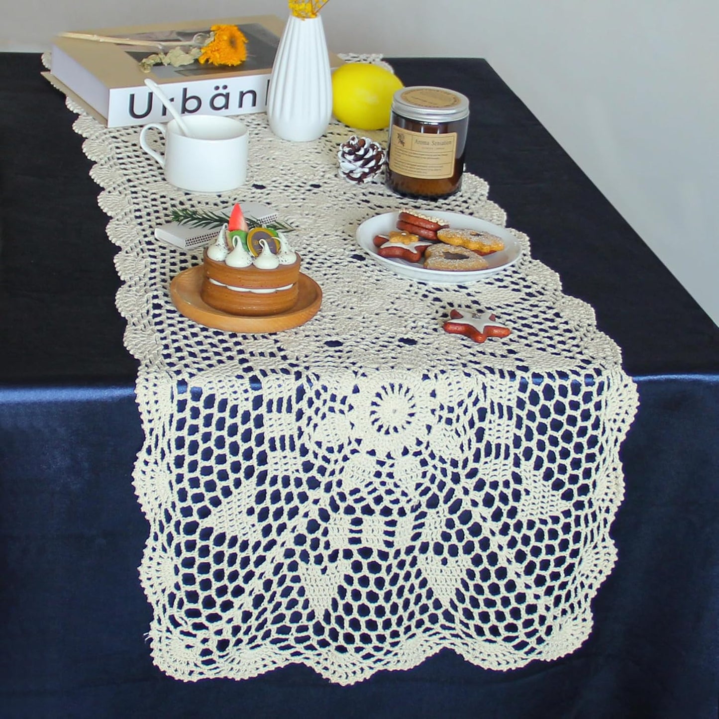 Handmade Crochet Lace Table Runner 15x51 Inch - Elegant White Décor