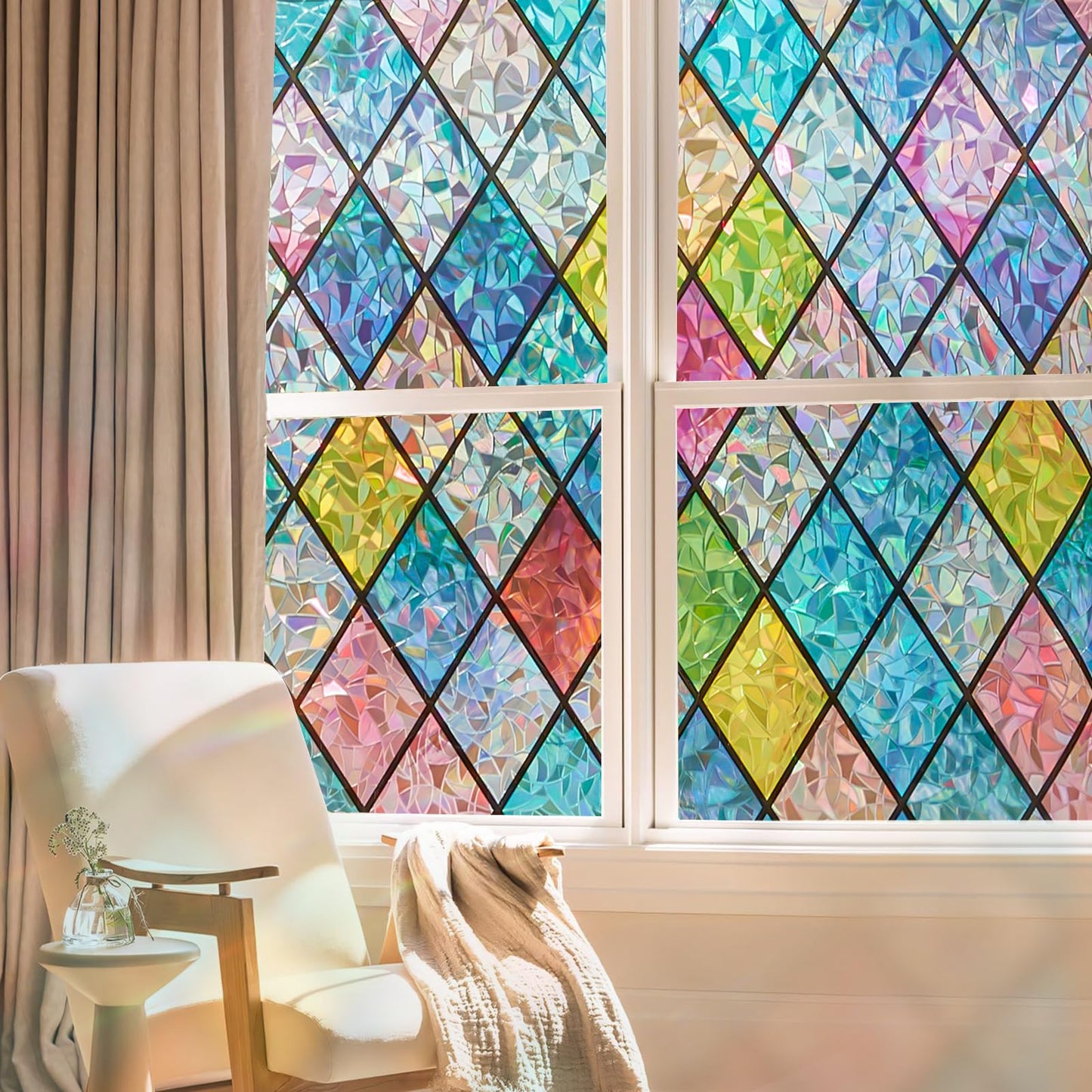 Windimiley Stained Glass Window Privacy Film:3D Rainbow Floral Decorative Frosted Static Cling Bathroom Heat Control Sun Blocking Window Sticker Non Adhesive Door Window Covering(23.6 x78.7in,Lattice)
