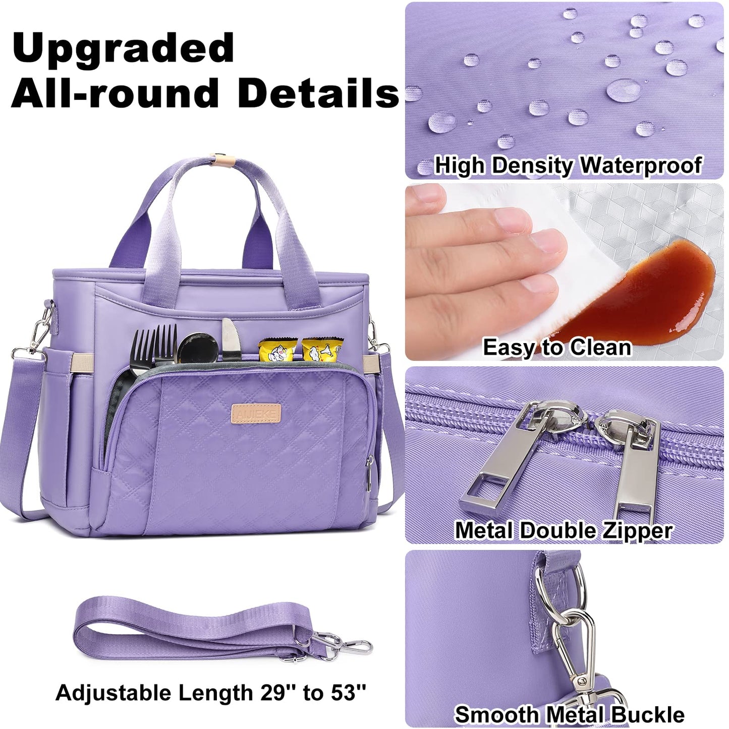 AIJIEKE Insulated Lunch Bag for Women, Lunch Box, Lunch Tote for Work, Large Leak Proof Cooler Bag with Removable Strap, Adult Reusable Lunchbag for Picnic Office Beach, Light Purple