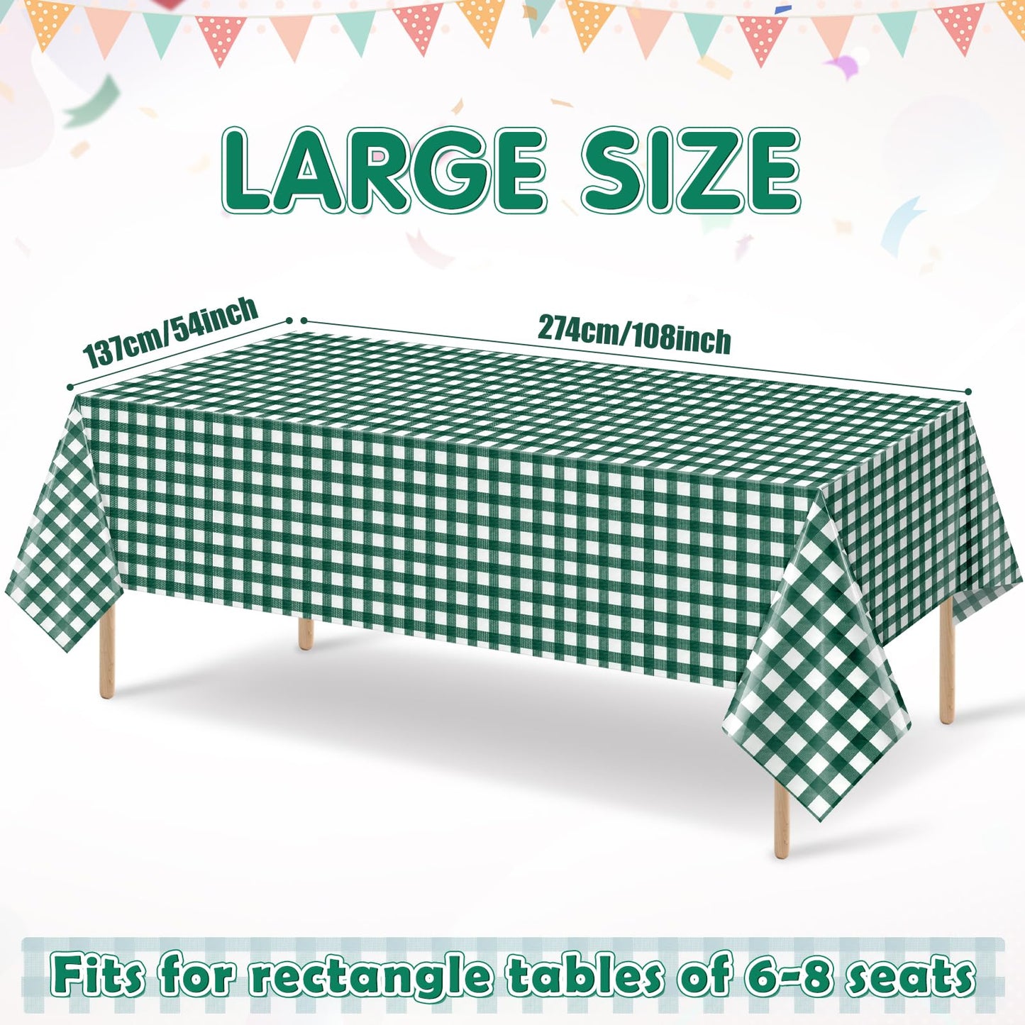 YIDAKO 6pcs 54X108inch Dark Green Checkered Tablecloth,Green Gingham Tablecloths Buffalo Plaid Disposable Plastic Table Covers for Birthday Baby Shower Bridal Wedding Party Birthday Decorations