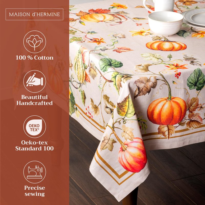 Maison d' Hermine Table Cloth Rectangle Table 100% Cotton 60 x 120 Inches Fall Tablecloth Reusable Everyday Use for Thanksgiving Christmas Decorations Dining Farmhouse Party (Potiron)