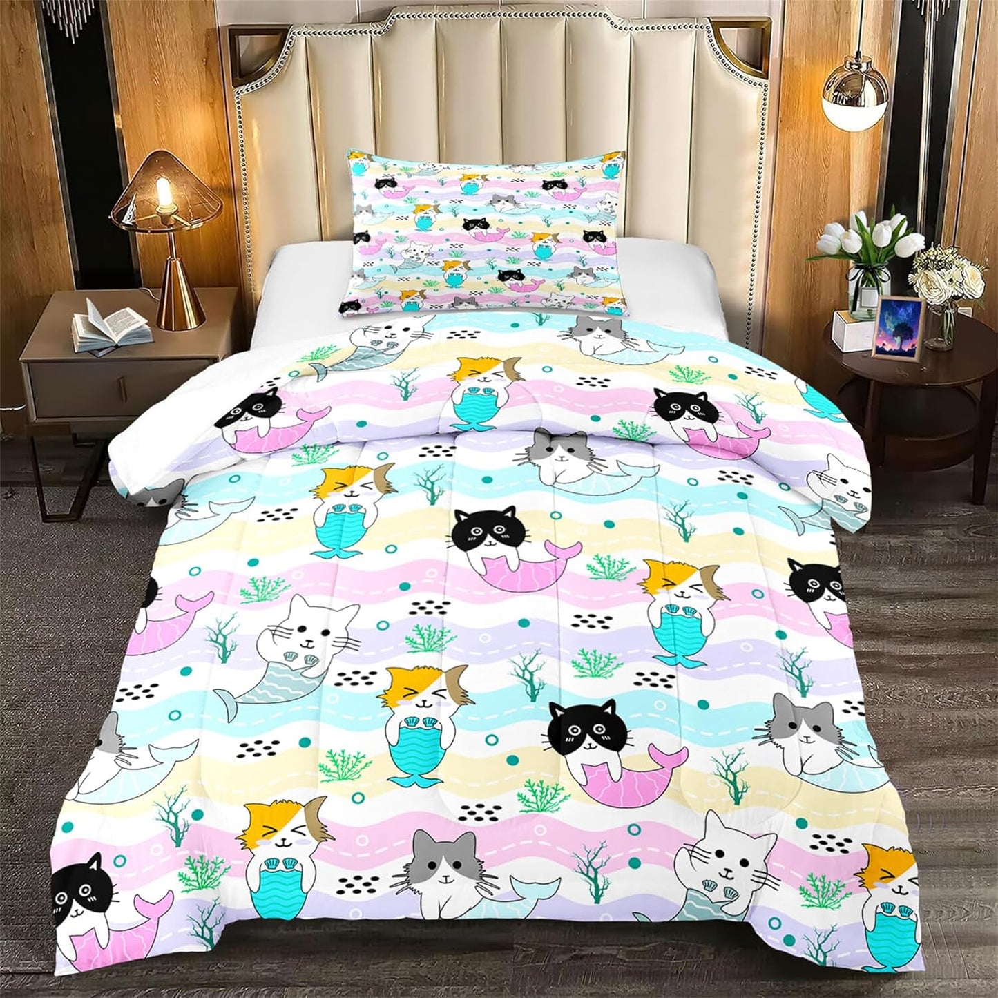 Cute Cartoon Dinosaur Bedding Set, Ultra Soft Full Size Comforter Set for Boys, Lovely Dinosaur Printed Comforter for Kids Teens, Dark Blue Microfiber Quilt for All Season 3Pcs with Pillowcases