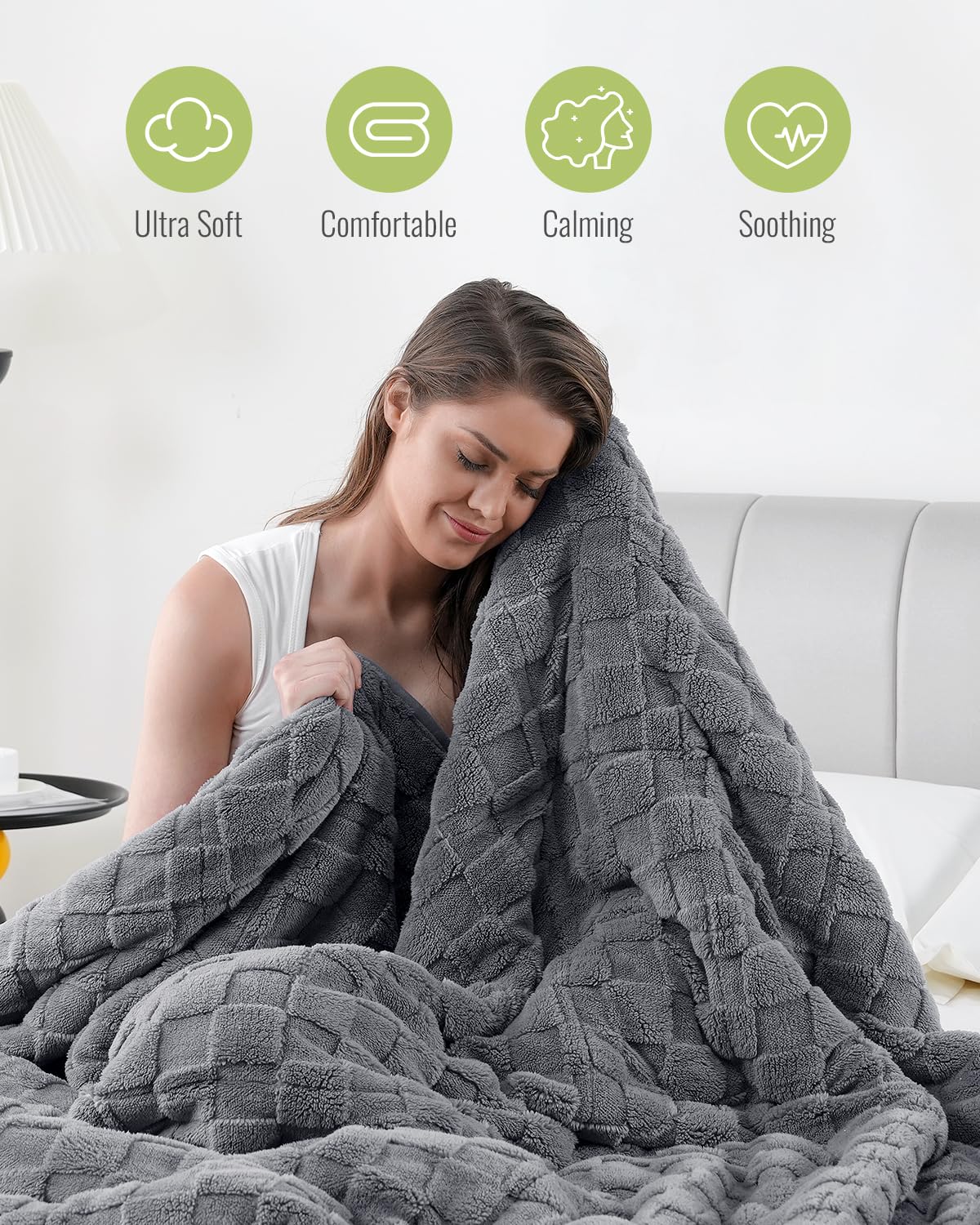 Uttermara Sherpa Fleece Weighted Blanket Full Size(15lbs, 48" x 72", Grey), 3D Jacquard Checkered Warm Sherpa Heavy Blanket for Adults, Soft Fuzzy Weighted Blankets for Couch Bed Sofa
