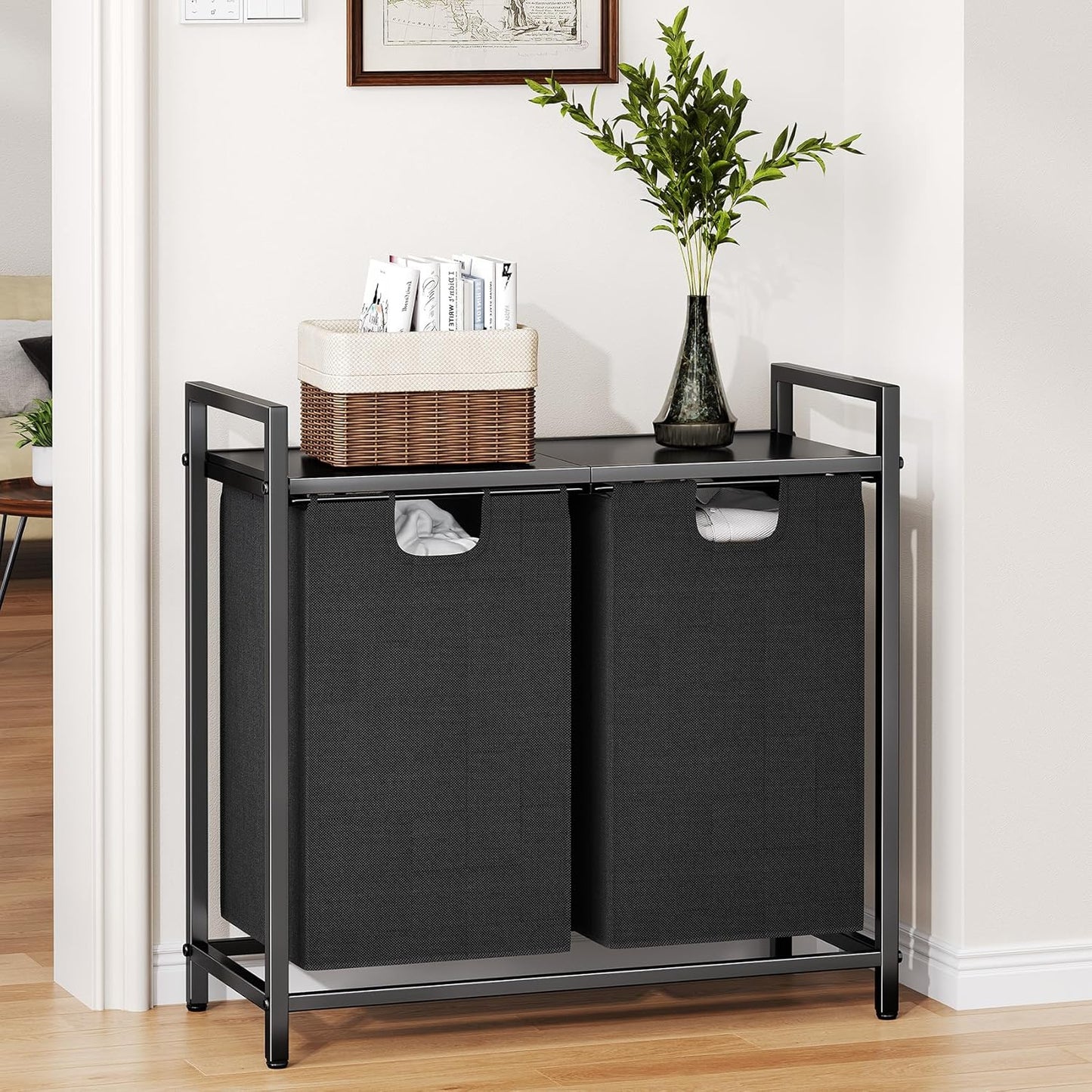 Kitstorack Laundry Hamper Organizer - 2 Pull-Out Bags & Shelf for Easy Sorting | 44.5L Capacity