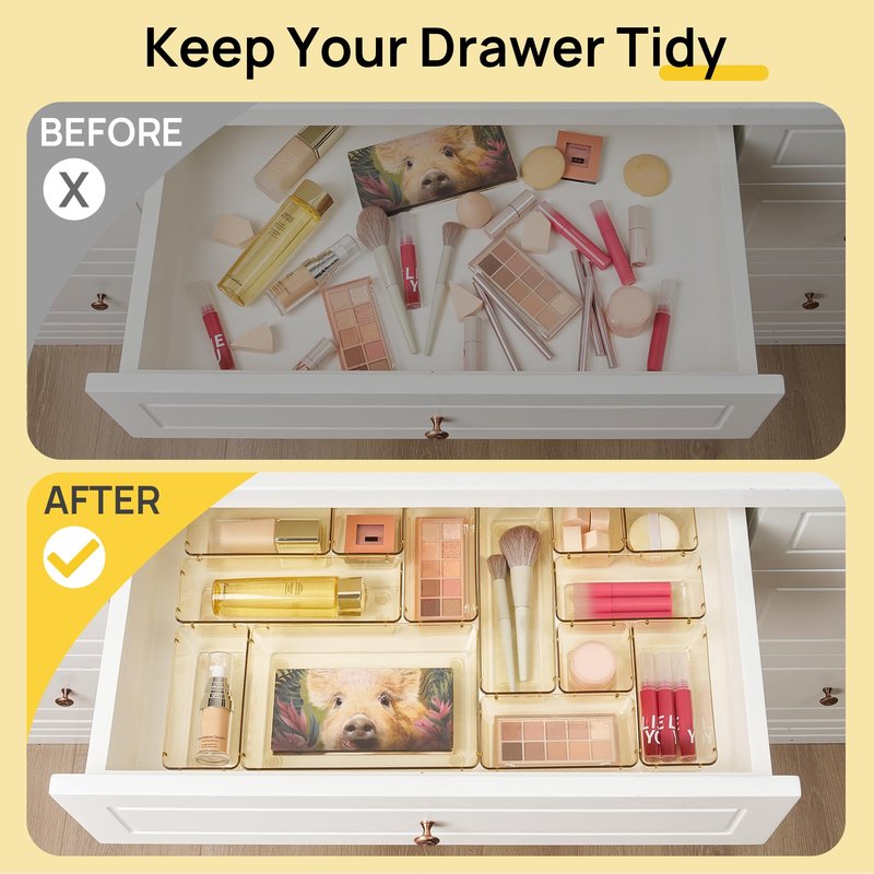 Vtopmart 25 PCS Clear Plastic Drawer Organizers Set, 4-Size Versatile Bathroom and Vanity Drawer Organizer Trays, Storage Bins for Makeup, Bedroom, Kitchen Gadgets Utensils and Office