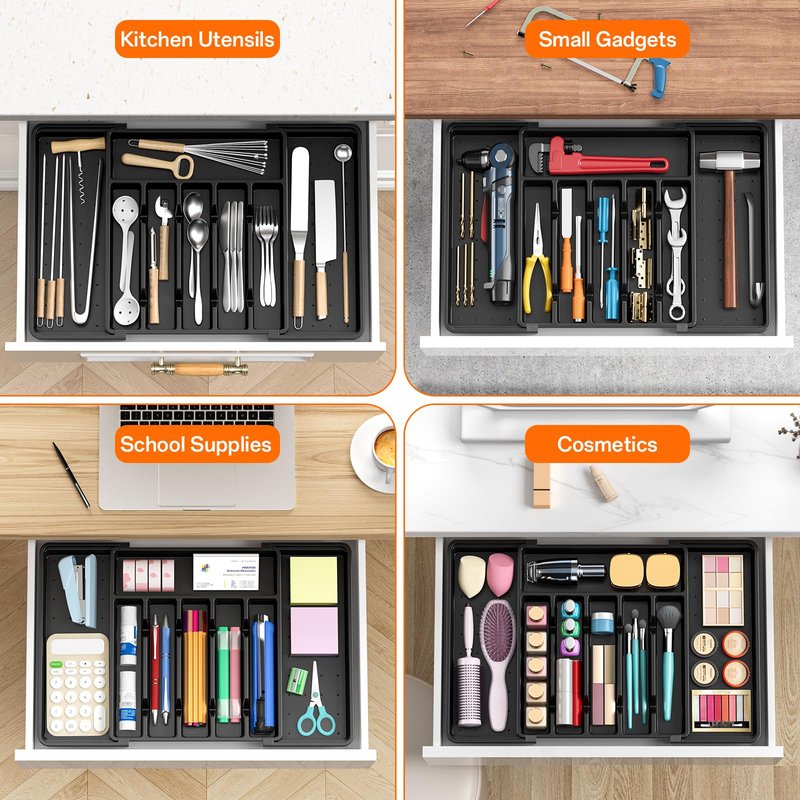 RoomHacks Large Silverware Organizer,Expandable Utensil Drawer Organizer,BPA Free Utensil Holder,Adjustable Silverware Tray Cutlery Drawer Organizer for Kitchen Flatware,Large,Black (6-8 Slots)