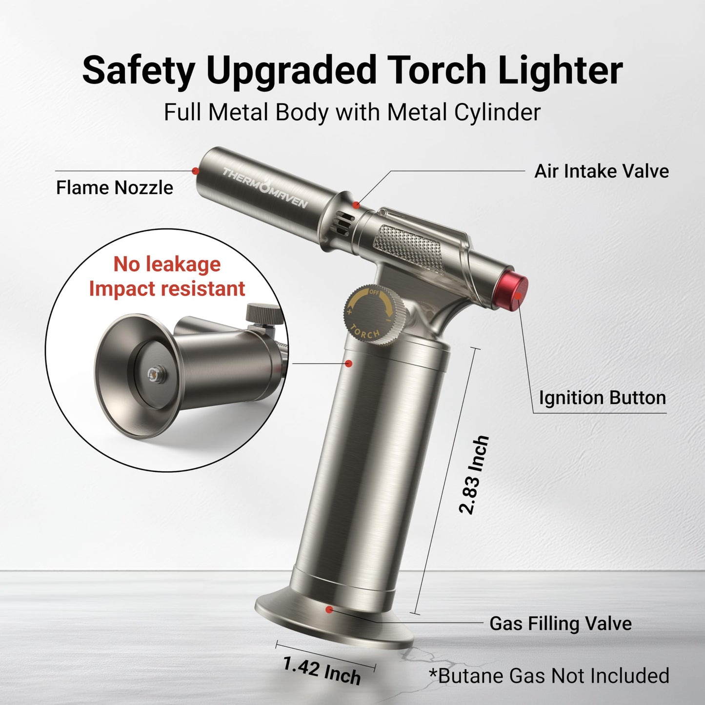 ThermoMaven Metal Butane Torch, Kitchen Torch Lighter, Refillable Cooking Blow Torch, Fit All Butane Tanks with Adjustable Flame for Culinary Food, Brulee, Baking, Soldering, DIY (Fuel Not Included)