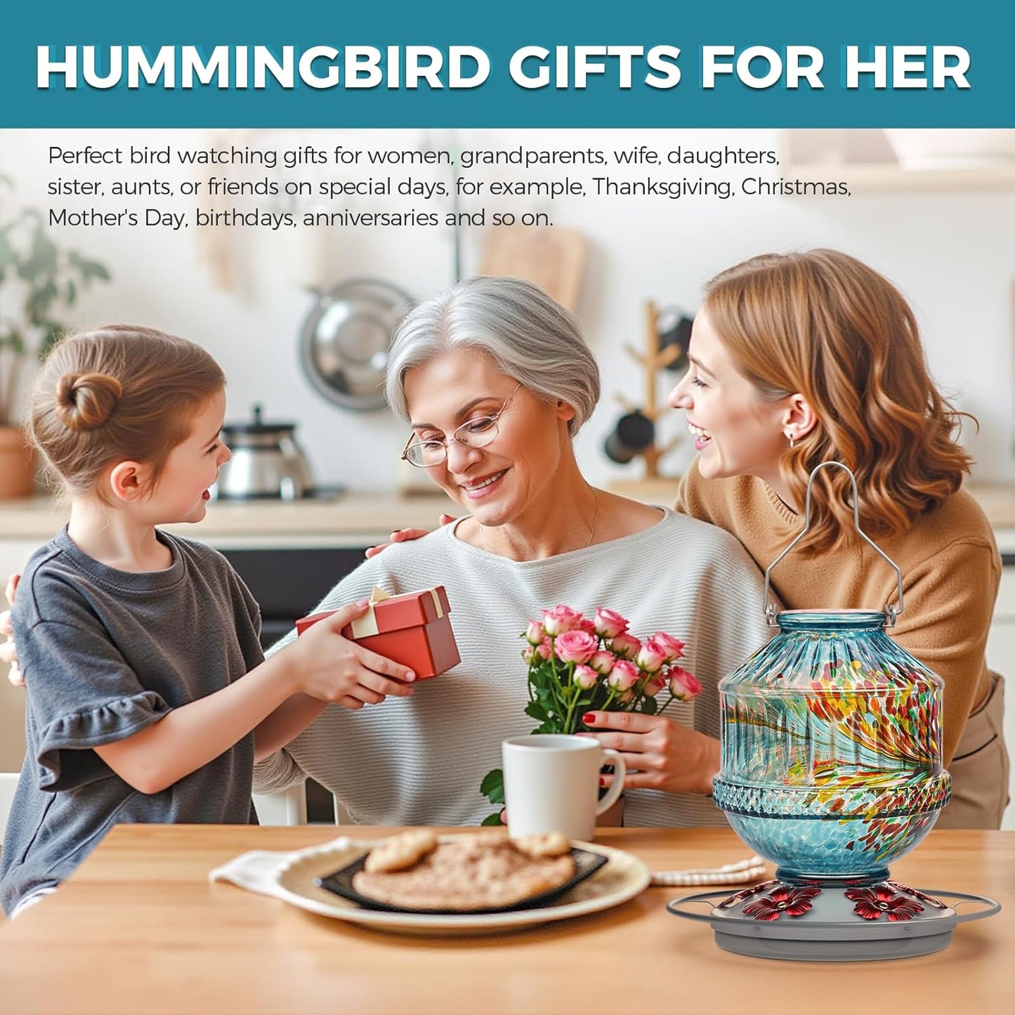 Skiennix Hand Blown Glass Hummingbird Feeder - 25 Ounce Leak-Proof Design with 5 Flower Ports | Blue Garden Decor