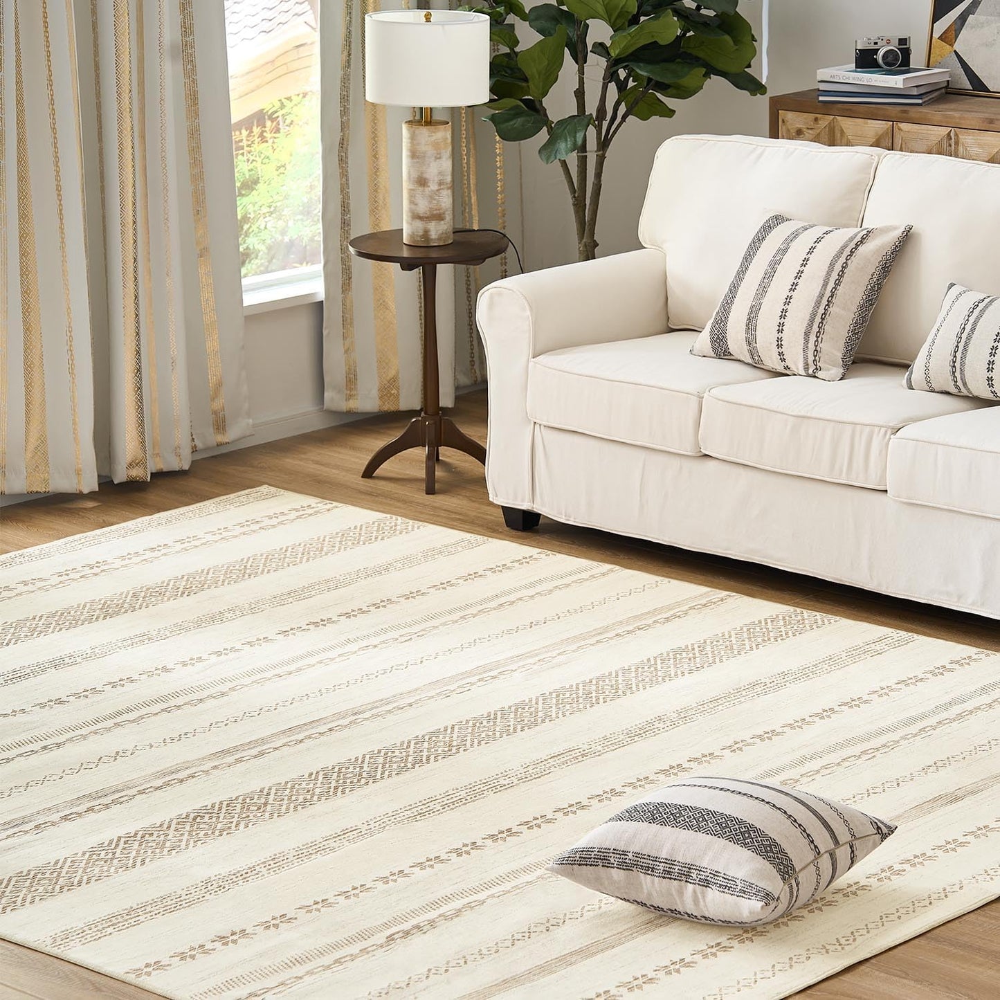 jinchan Boho 4x6 Area Rugs - Machine Washable Moroccan Soft Throw Rug Bohemian Ripple Design Non-Slip Neutral Carpet for Bedroom Entryway Living Room Kitchen Dining Room Home Office (4‘x6',Beige)