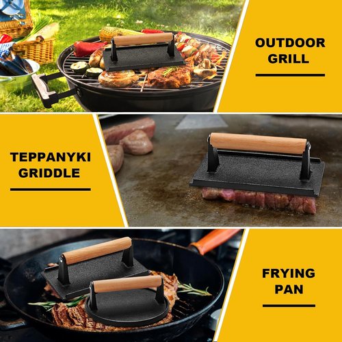 AIVIKI Burger Press - Heavy Duty Cast Iron Smash Press for Griddle | 6.9" Round & 8.2"x4.2" Rectangular