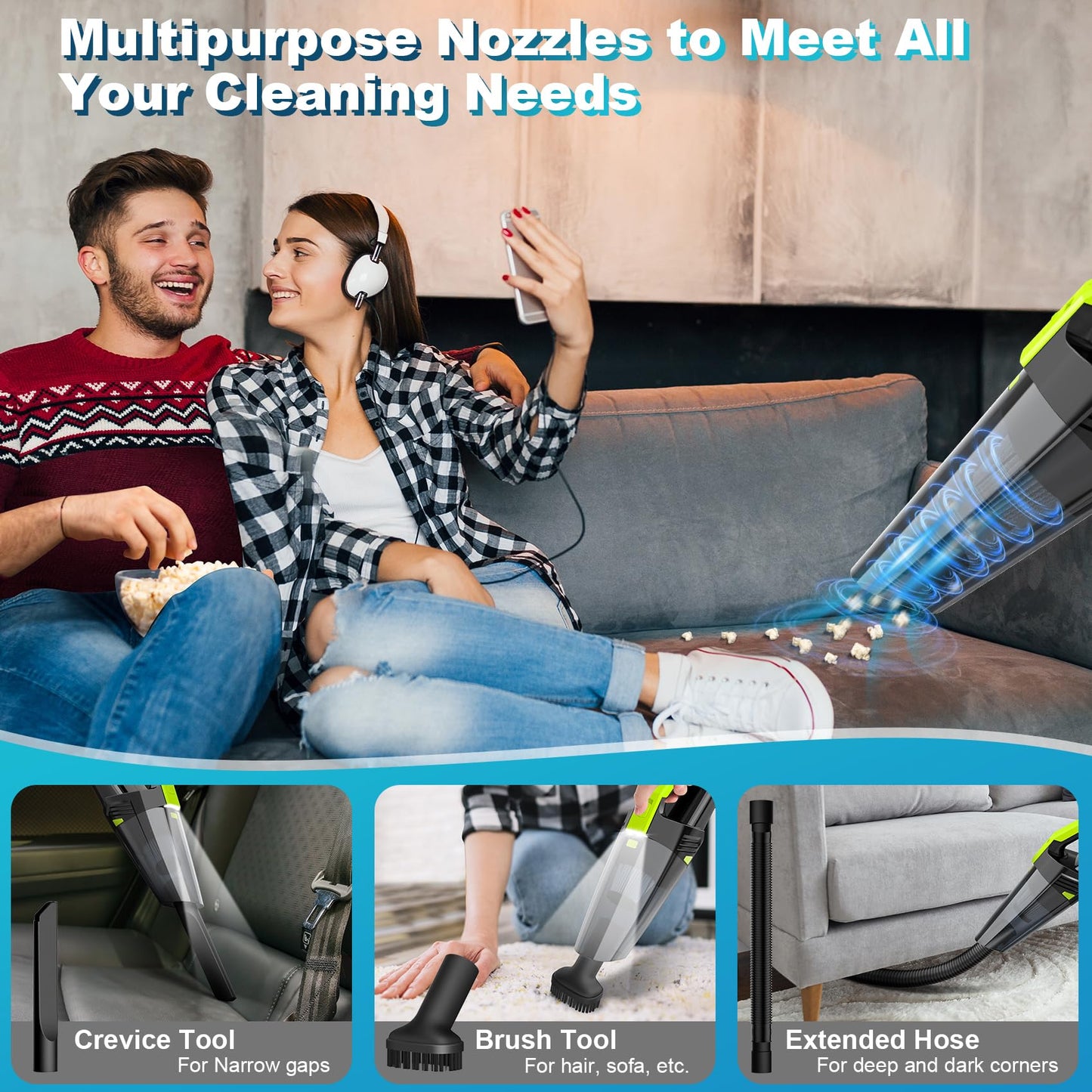 Cordless Car Vacuum Portable Handheld Vacuum with LED Light, High Power Suction, Lightweight Rechargeable Hand Vacuum, Hand Held Vacuum Cleaner for Car Home Office, Pet Hair, BlackBlue