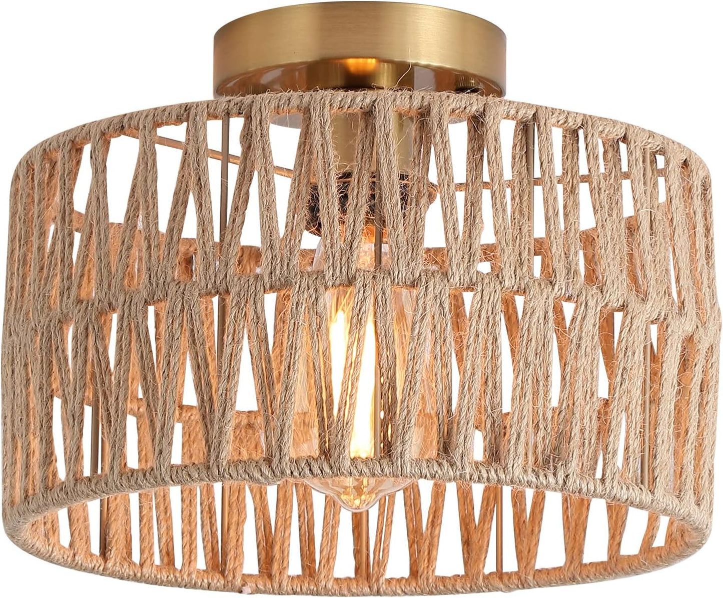 3-Light Antique Gold Woven Flush Mount Light Fixture Rustic Coastal Hemp Rope Brass Semi Flush Mount Ceiling Light for Hallway Bedroom Kitchen Entryway Farmhouse Living Room