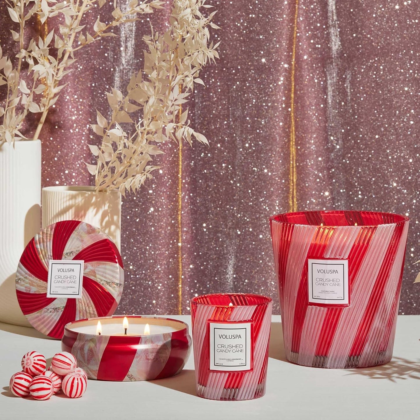 Voluspa Crushed Candy Cane Candle, Large Jar, 18 Oz, 100 Hour Burn Time, Coconut Wax, Holiday Candle