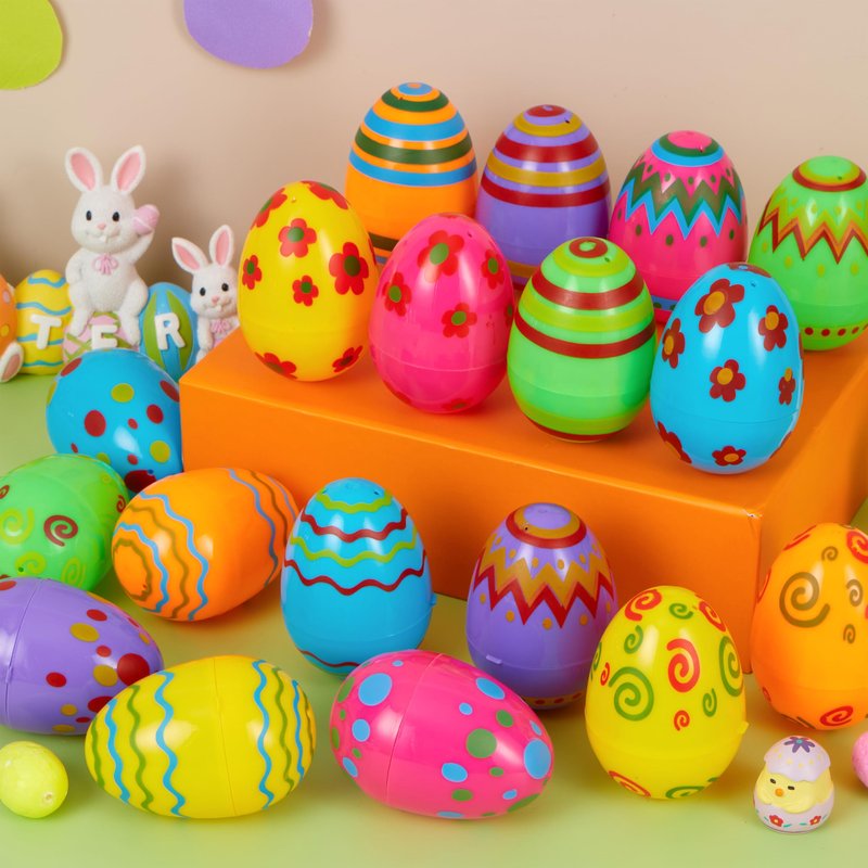 JOYIN Toy 100 PCs Plastic Printed Bright Easter Eggs, Over 3.15'' Tall Fillable Empty Eggs Bulks for Easter Hunt, Basket Stuffers Fillers, Classroom Prize Supplies, Filling Treats and Party Favor