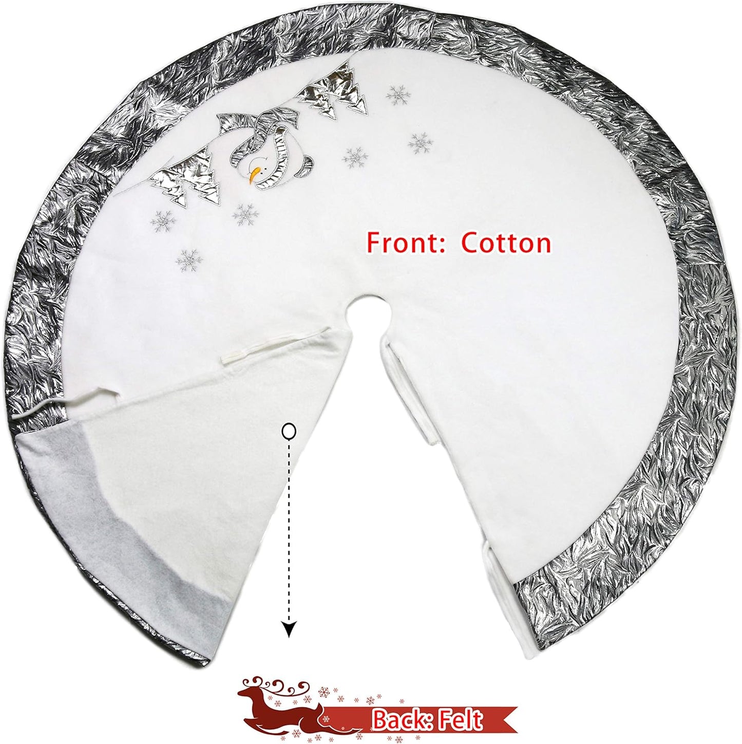 Luxury 36'' Snowman Christmas Tree Skirt - Silvery White Embroidered Snowflake with Satin Border