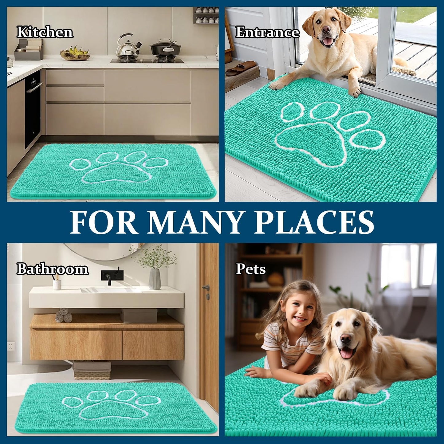 OLANLY Dog Door Mat - Absorbent Non-Slip Mud Mat for Paws | 48x30 Teal Chenille Design