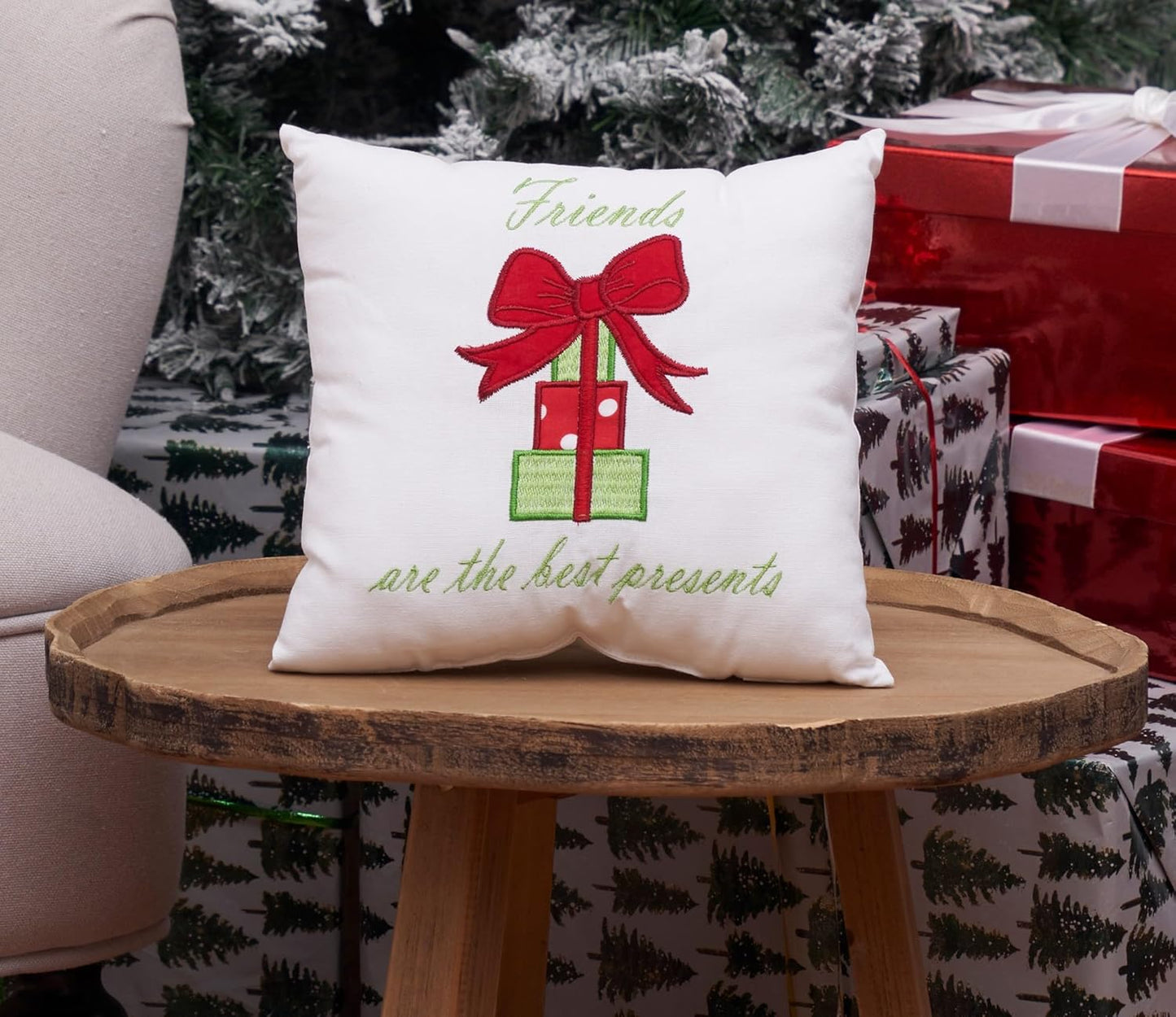 Embroidered Accent Pillow - 10" x 10" Friends Are The Best Presents - Festive Winter Holiday Decor for Sofa, Couch, Chair, Bed