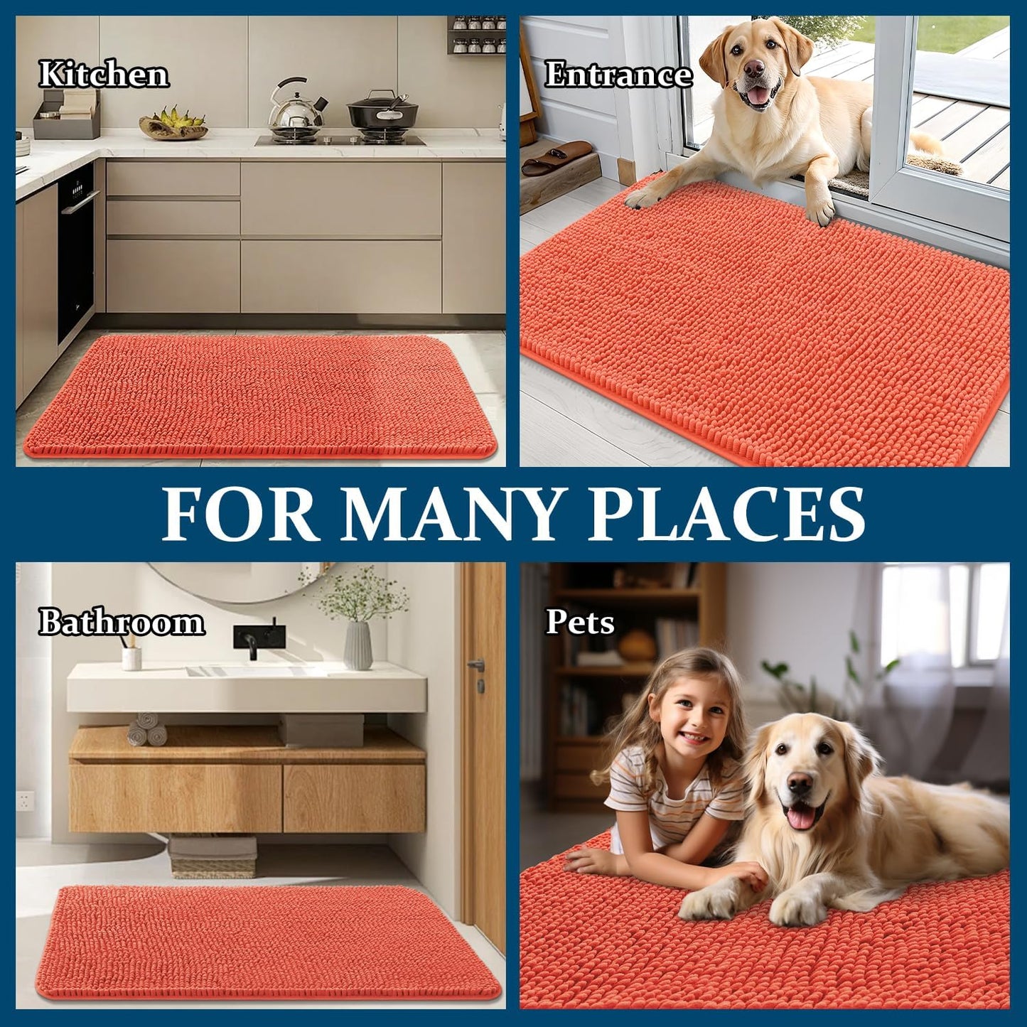 OLANLY Dog Door Mat - Absorbent Non-Slip Chenille Mat for Muddy Paws | 24x16 Coral Indoor Carpet