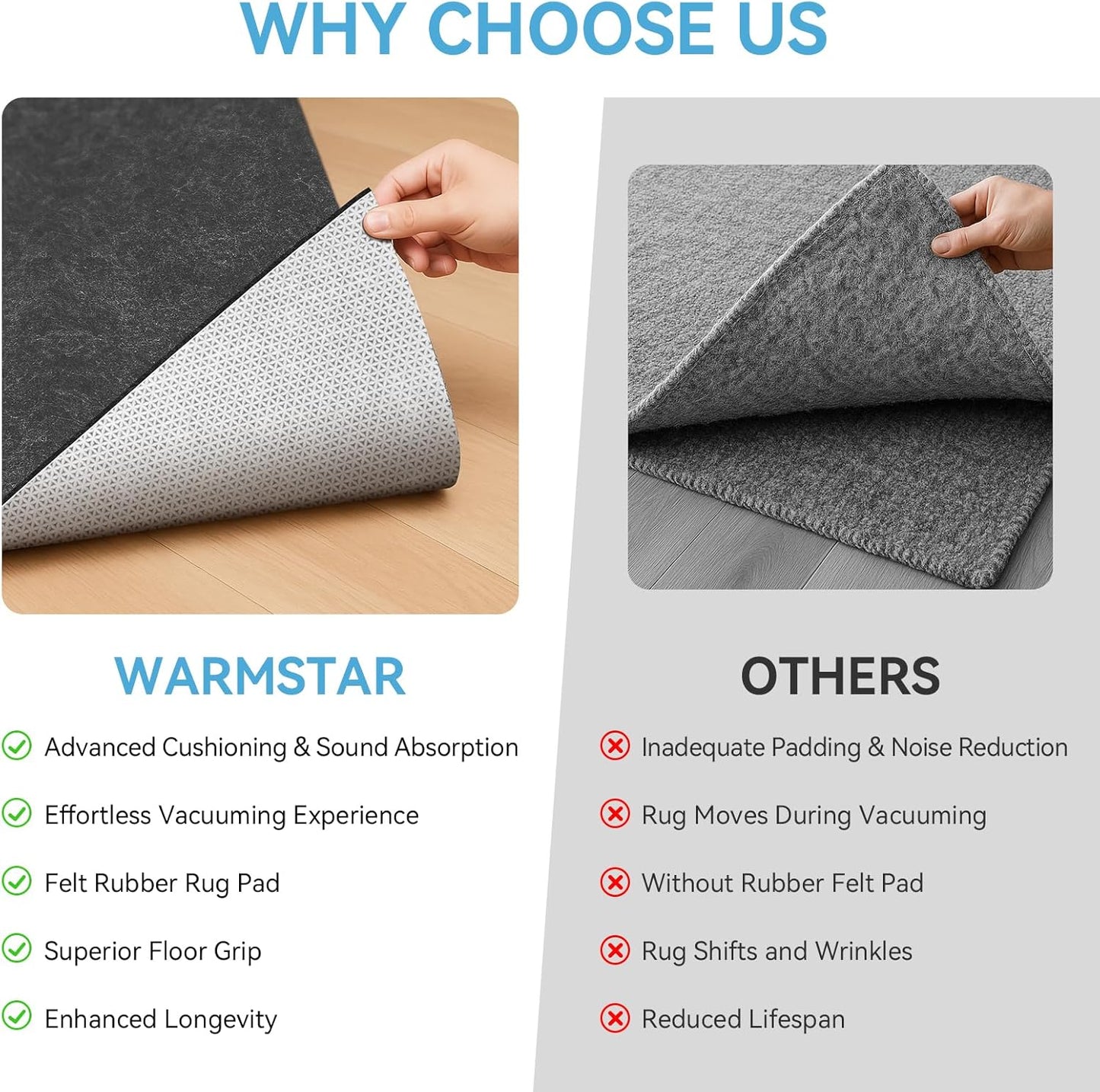 Warmstar 8x10 FT Non-Slip Rug Pad - 100% Waterproof Felt for Hardwood Floors, 1/8” Thick, Secure Grip