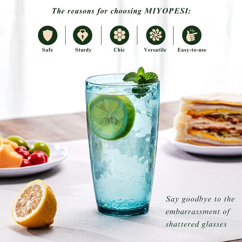 MIYOPESI 20oz Coloful Acrylic Glasses Drinkware (Set of 6), Hammered Design Shatter-Proof Plastic Cups, Reusable Plastic Large Drinking Tumblers, Stackable, BPA-Free, Dishwasher-Safe
