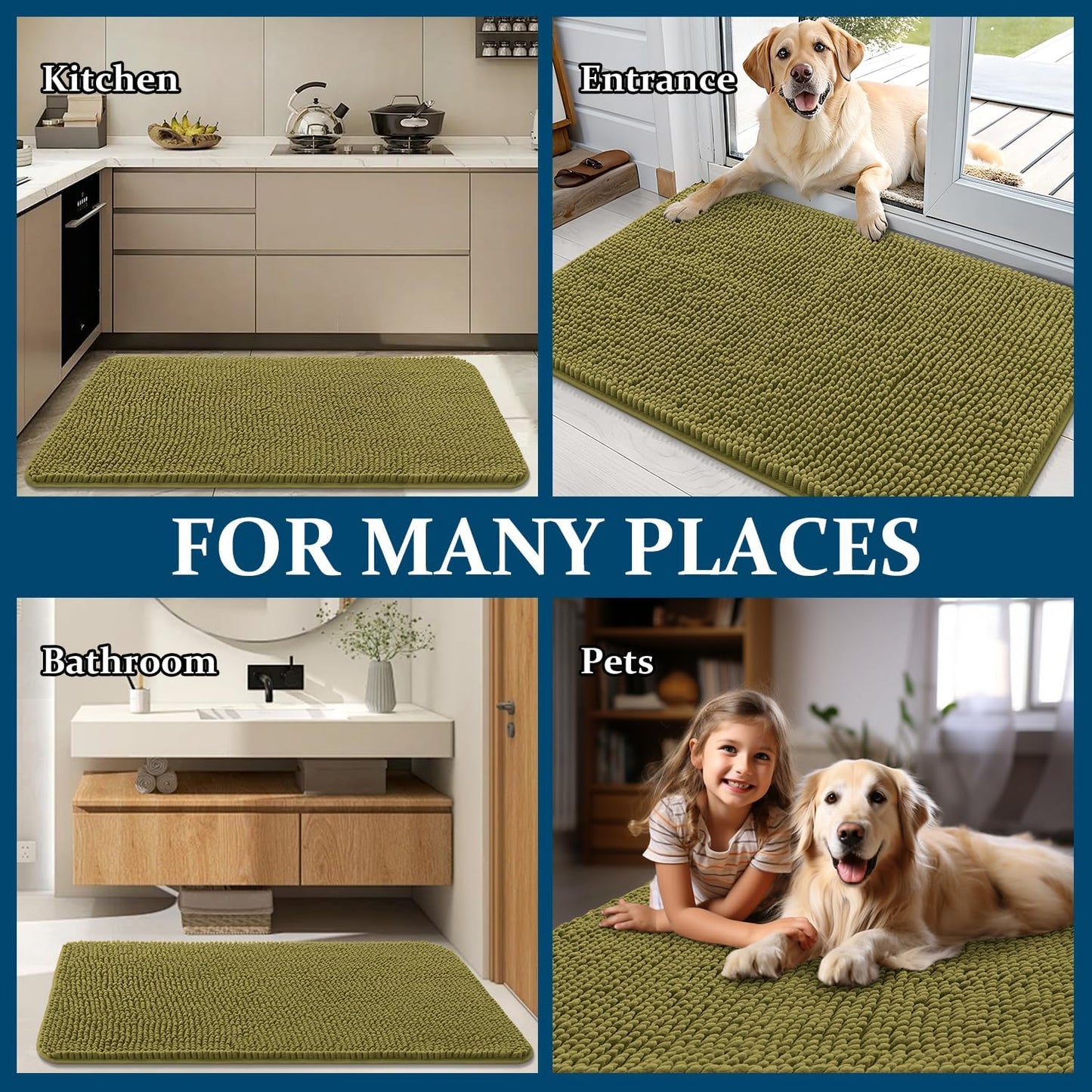 OLANLY Dog Door Mat - Absorbent Non-Slip Washable Doormat for Muddy Paws | 35x24 Inches, Willow Green