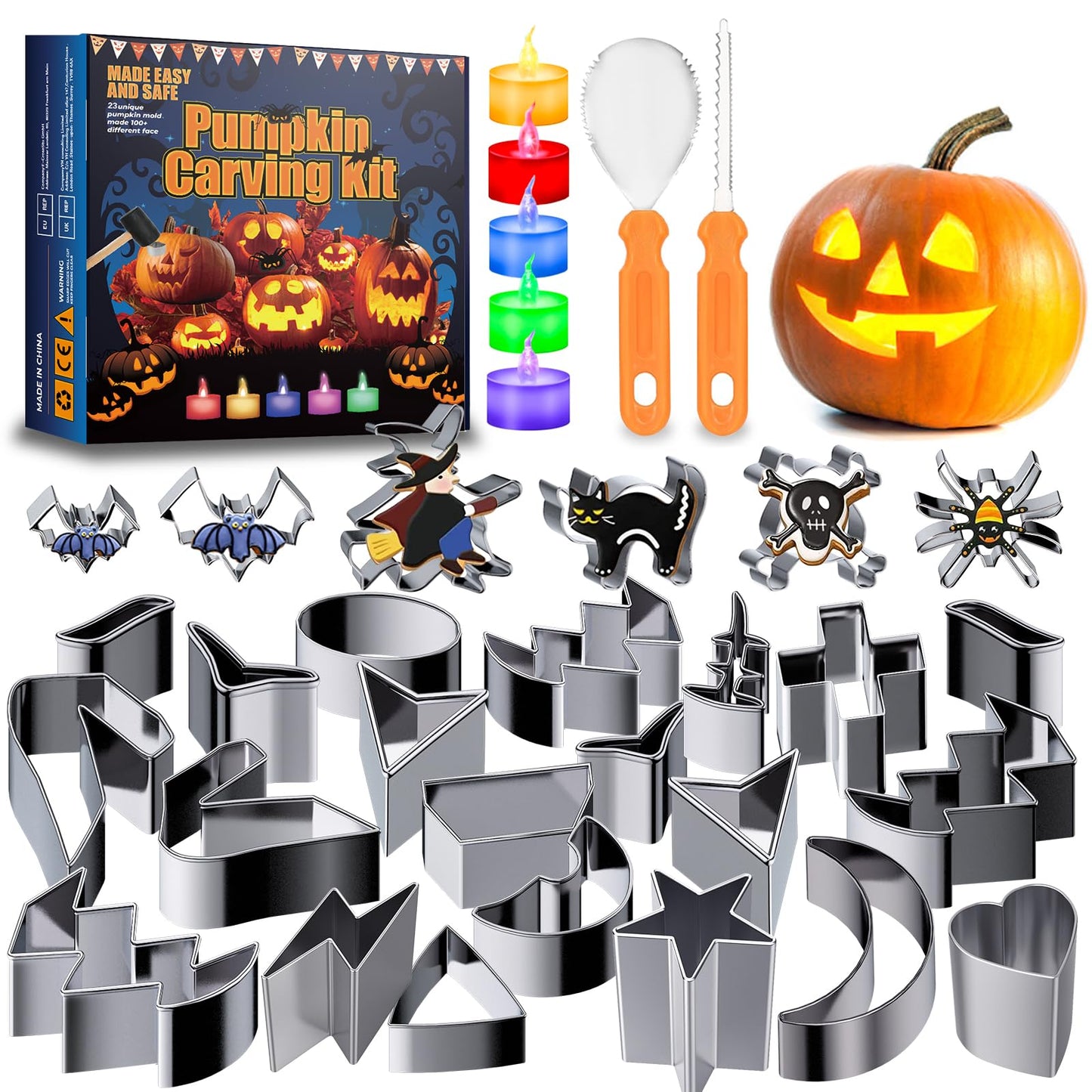 Pumpkin Carving Tools for Kids, All in One 30Pcs Halloween Pumpkin Carving Kit, Easy and Safe Pumpkin Carving Stencils Cookie Cutters, with 5 Color Candle Lights, Stainless Steel
