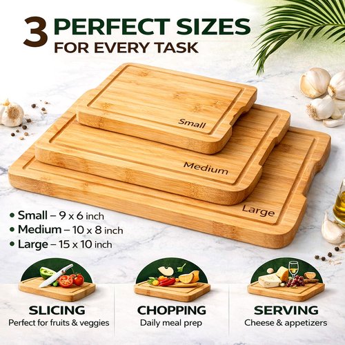 Bamboo Cutting Board Set of 3 – Wooden Kitchen Cutting Boards for Kitchen. Non-Toxic, Knife-Friendly, Durable Chopping Boards for Meat, Vegetables & Serving. Wood Cutting Board, Cutting Board Wood Set