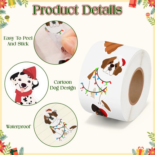 CNhoqc Christmas Dog Sticker Rolls - 1000Pcs Cartoon Dog Stickers in 2 Rolls, 16 Different Cute Puppy Designs, Water-resistant Vinyl Decorations for Christmas Gift Party Supplies Laptop Journal Reward