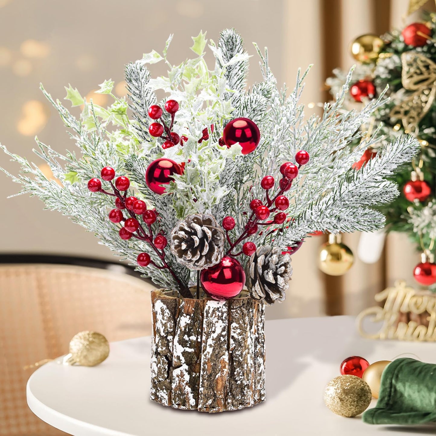 Skiennix Christmas Table Decorations - 14 Inch Potted Christmas Tree with Lights & Pine Cones | Holiday Centerpiece