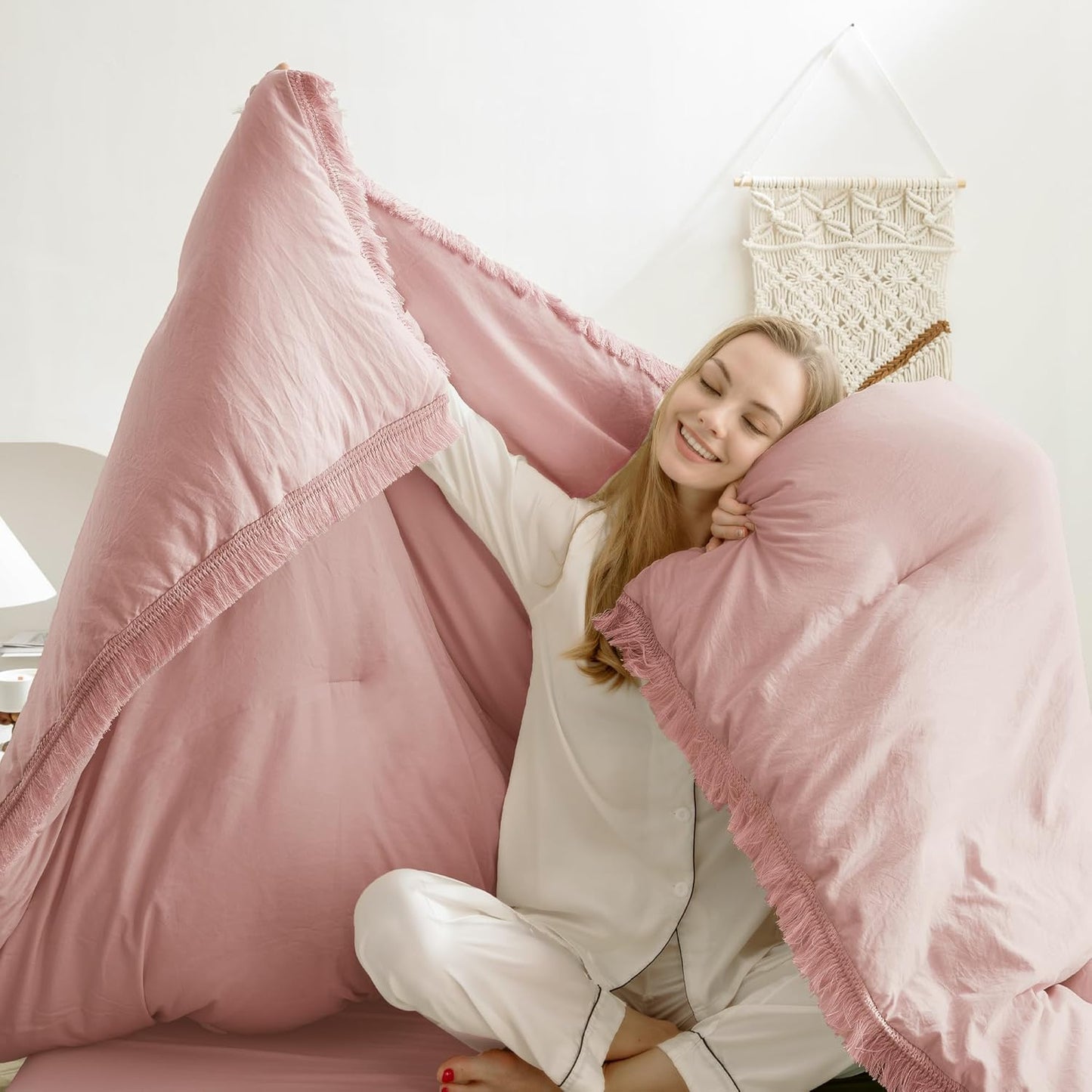 Andency Pink Comforter Set King Size for Girls, Blush Boho Women Tassel Lightweight Bedding Comforter Sets, 3 Pieces All Season Soft Fluffy Fringe Bed Set (104x90In Comforter & 2 Pillowcases)