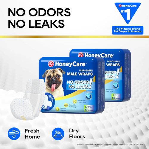 HONEY CARE Male Dog Wraps - All-Absorb Design for Maximum Comfort | 50 Count, Small Size