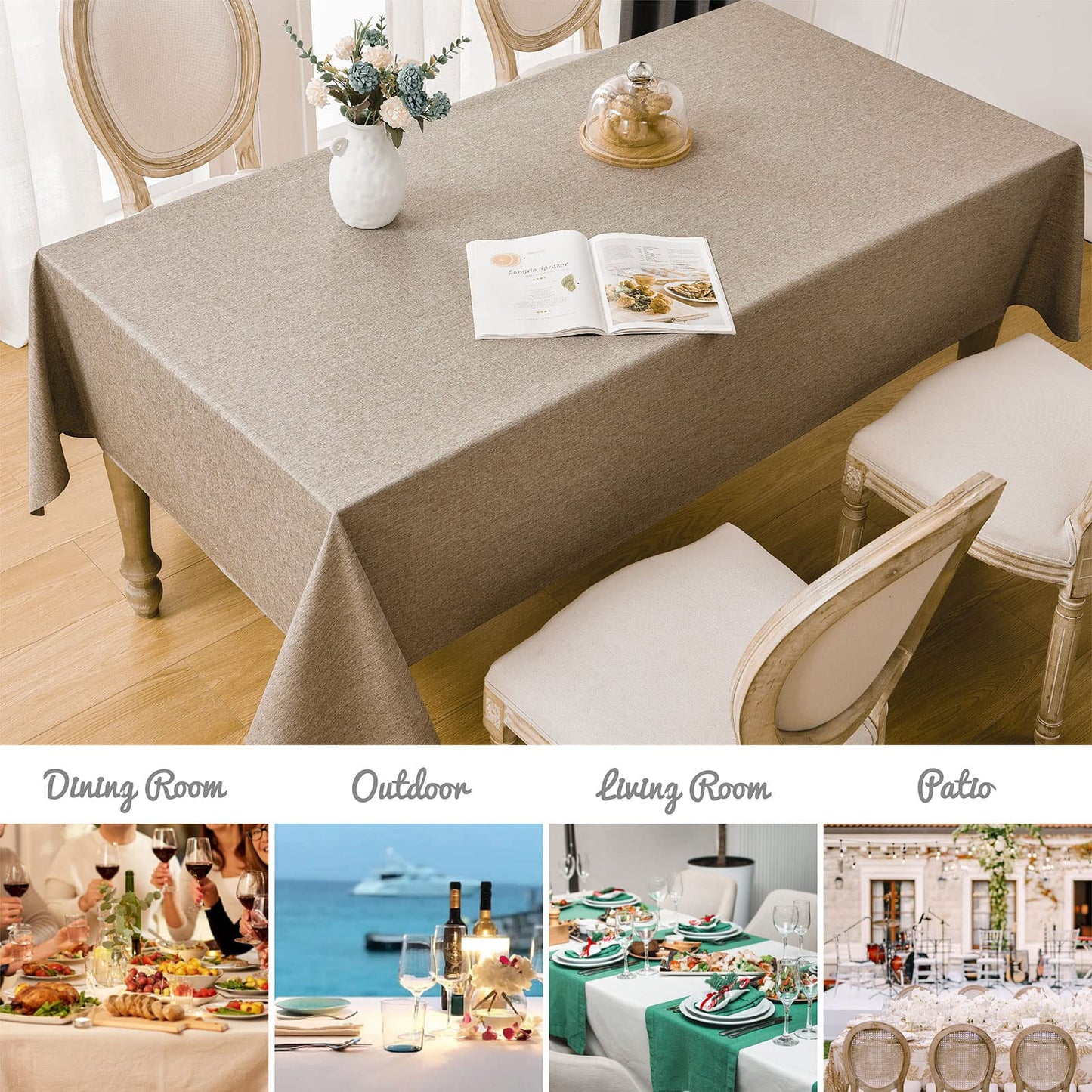 Veblandy Rectangle Tablecloth Linen Textured Waterproof & Stain Resistant Table Cloth Wrinkle Free Decorative Fabric Farmhouse Table Cover for Dining/Party/Buffet/Wedding, 60 x 84 Inch, Mocha